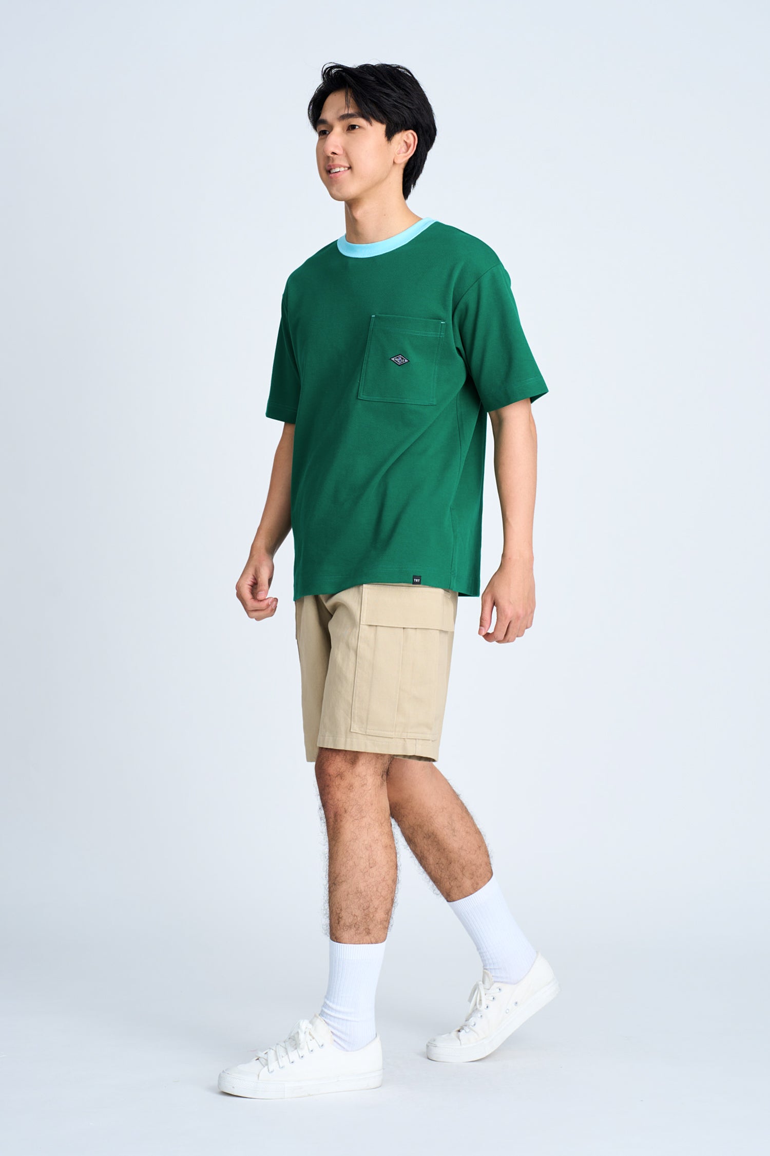 (B) Boxy Twill Jersey Contrast Collar Tee - Grass Green [AT]