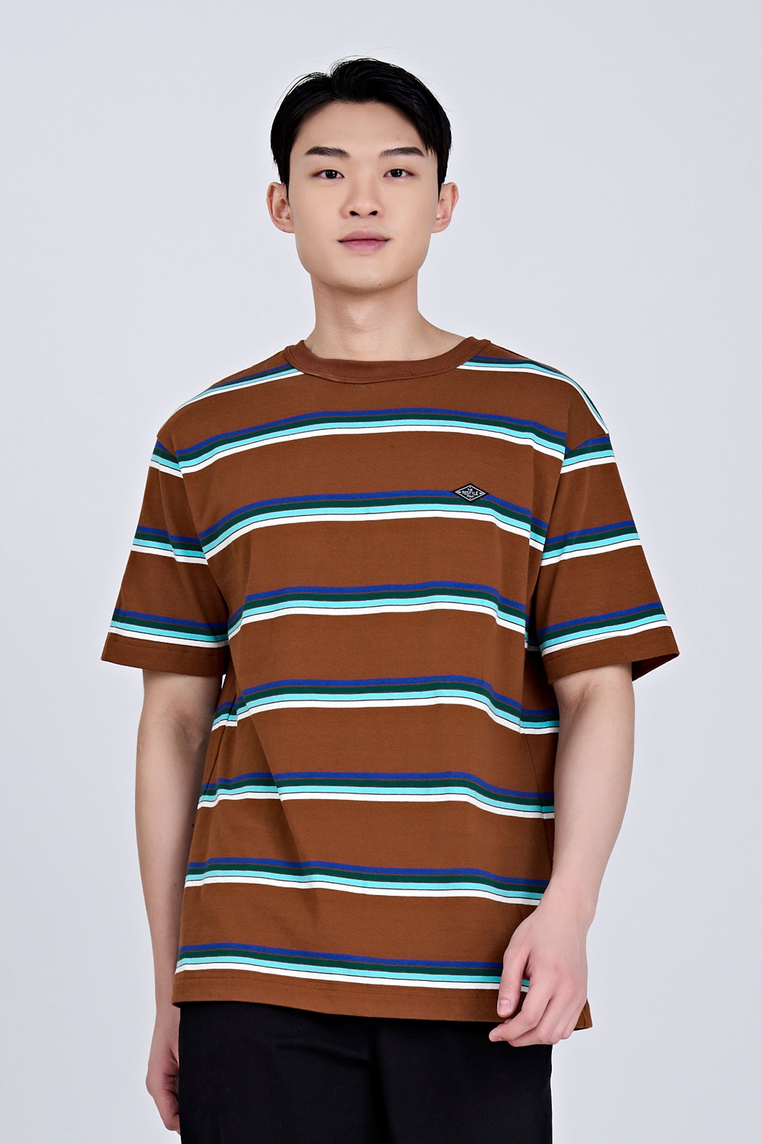 (B) Boxy-fit Multi-colour Stripes Tee - Stripes Brown