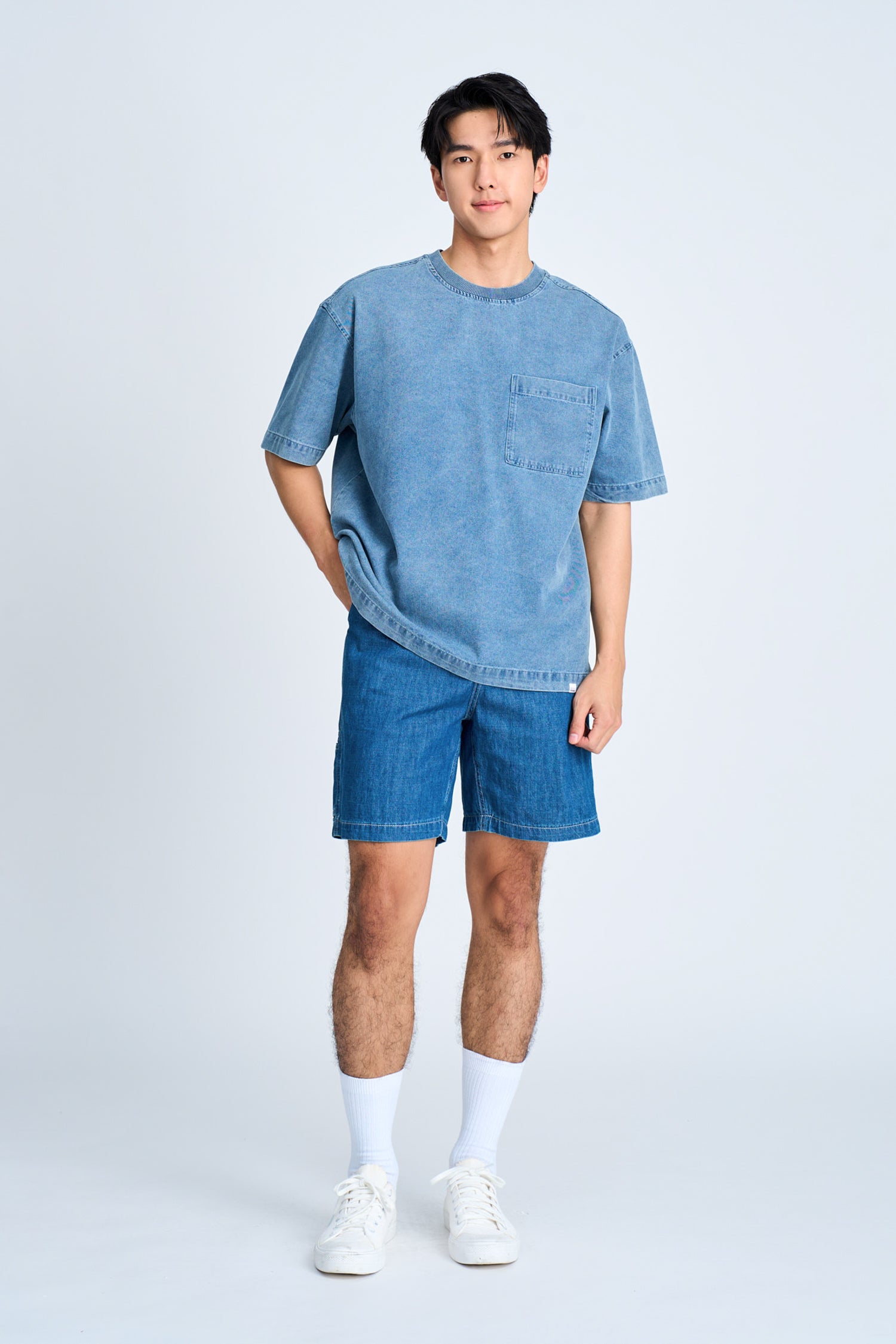 Denim Oversized Patch Pocket Tee - Denim