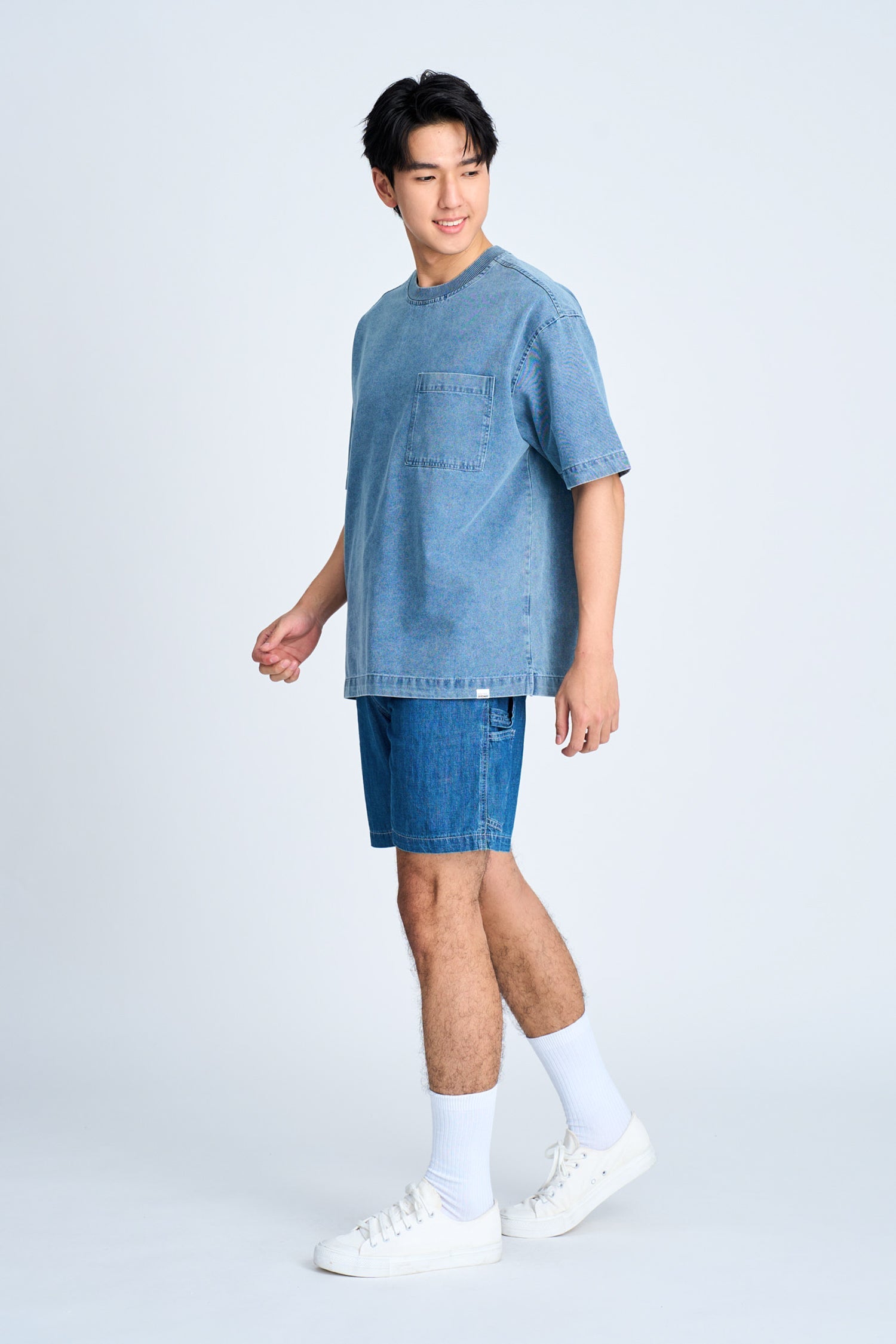 Denim Oversized Patch Pocket Tee - Denim