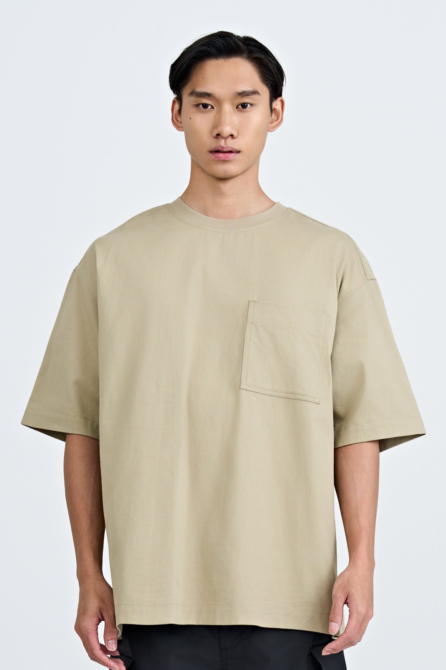 Denim Oversized Patch Pocket Tee - Khaki