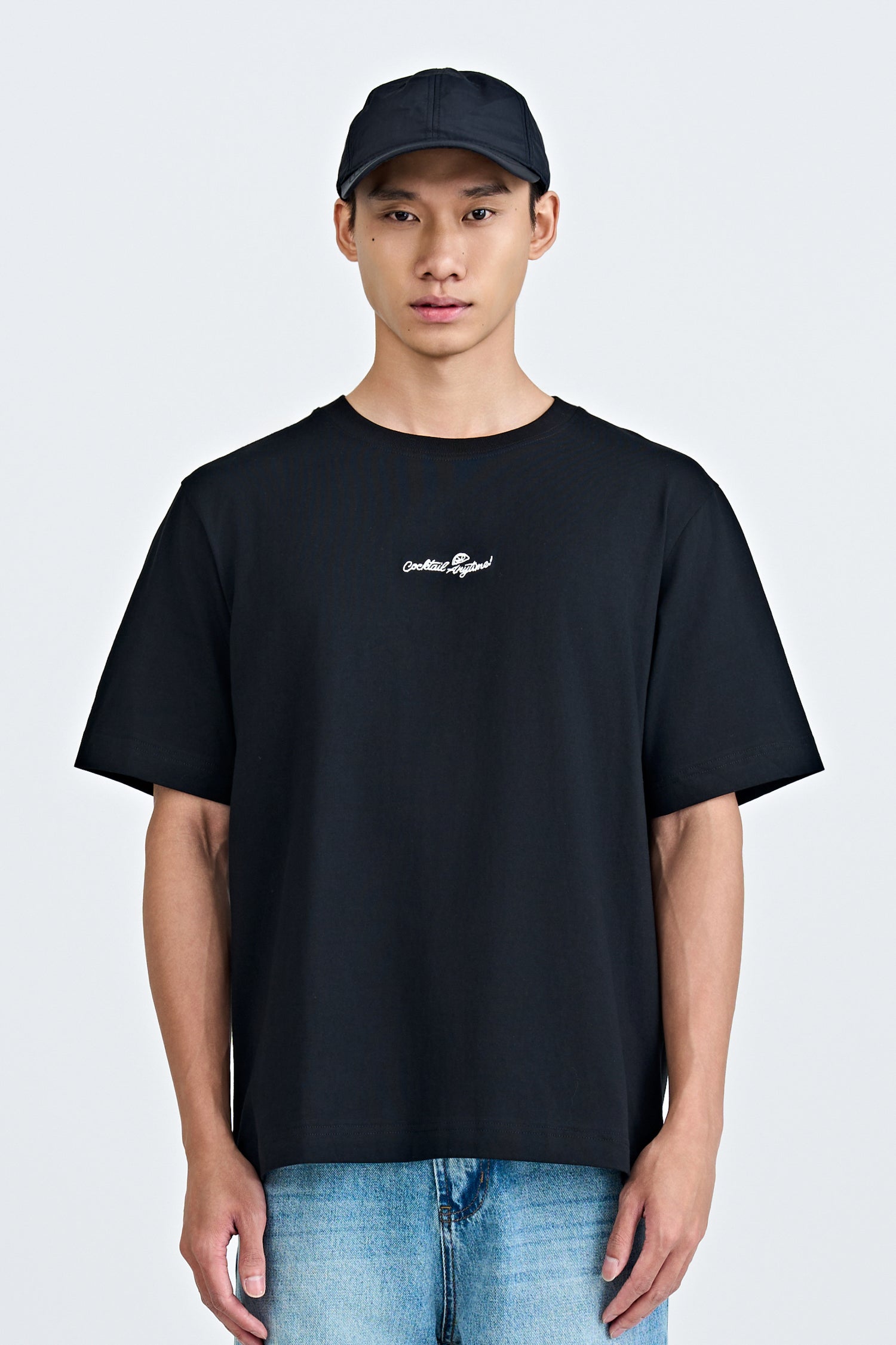(A) Jersey "Cocktail Anytime" Embroidery Tee - Black