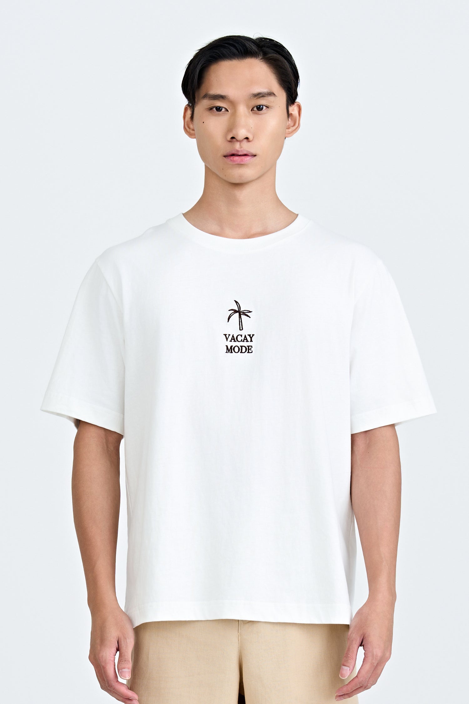 (A) Jersey "Vacay Mode" Embroidery Tee - Cream [AT]