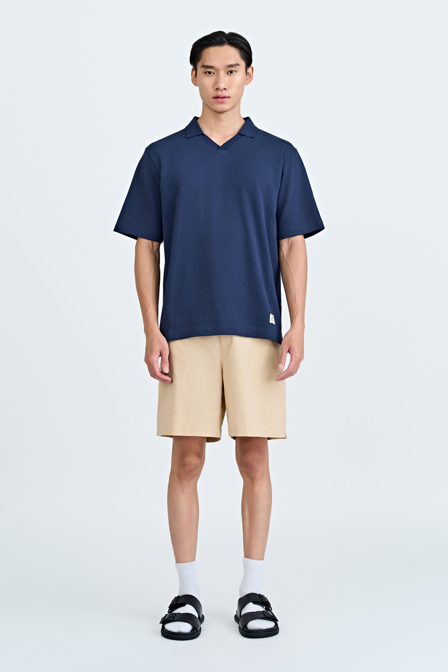 (B) Boxy Open Collar Polo - Navy