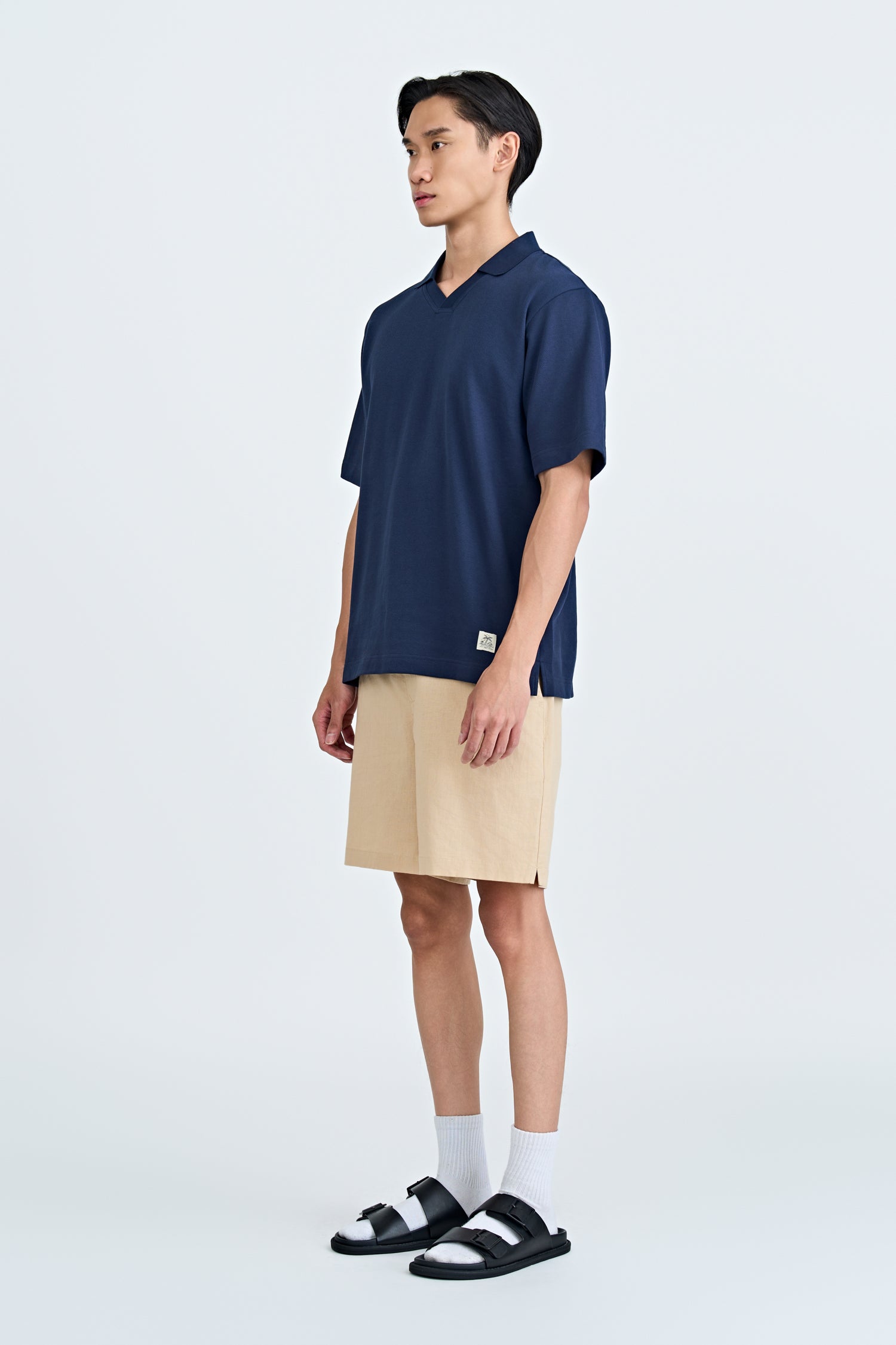 (B) Boxy Open Collar Polo - Navy