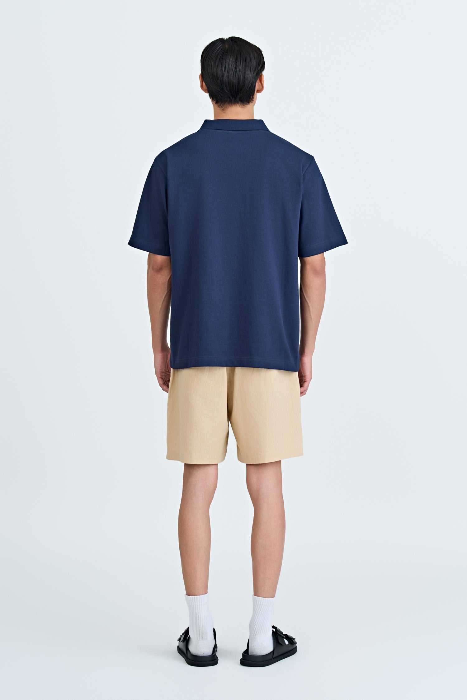 (B) Boxy Open Collar Polo - Navy