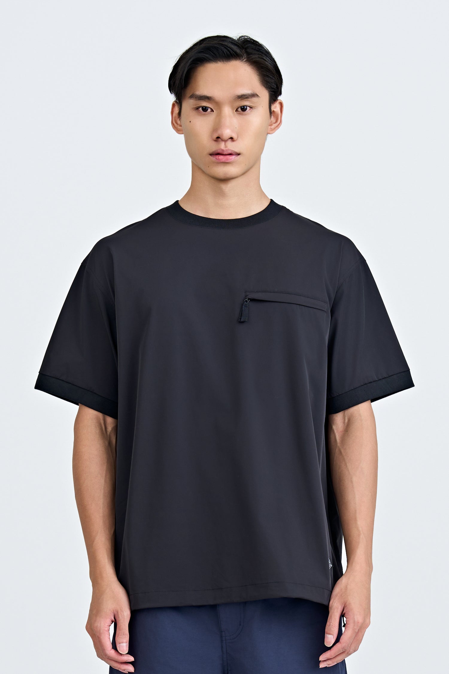 Nylon Drawstring Hem Welt Pocket Tee - Black