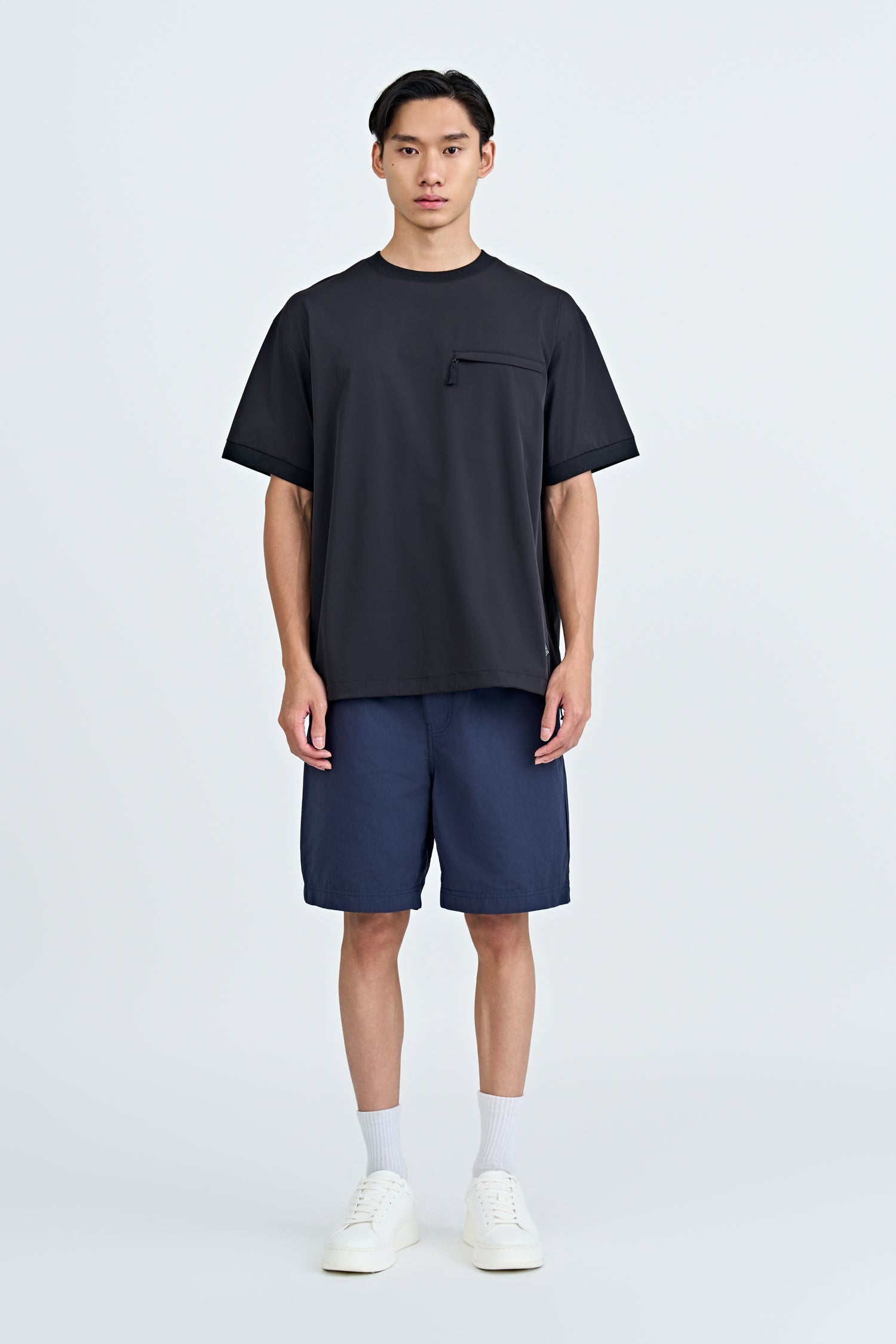 Nylon Drawstring Hem Welt Pocket Tee - Black