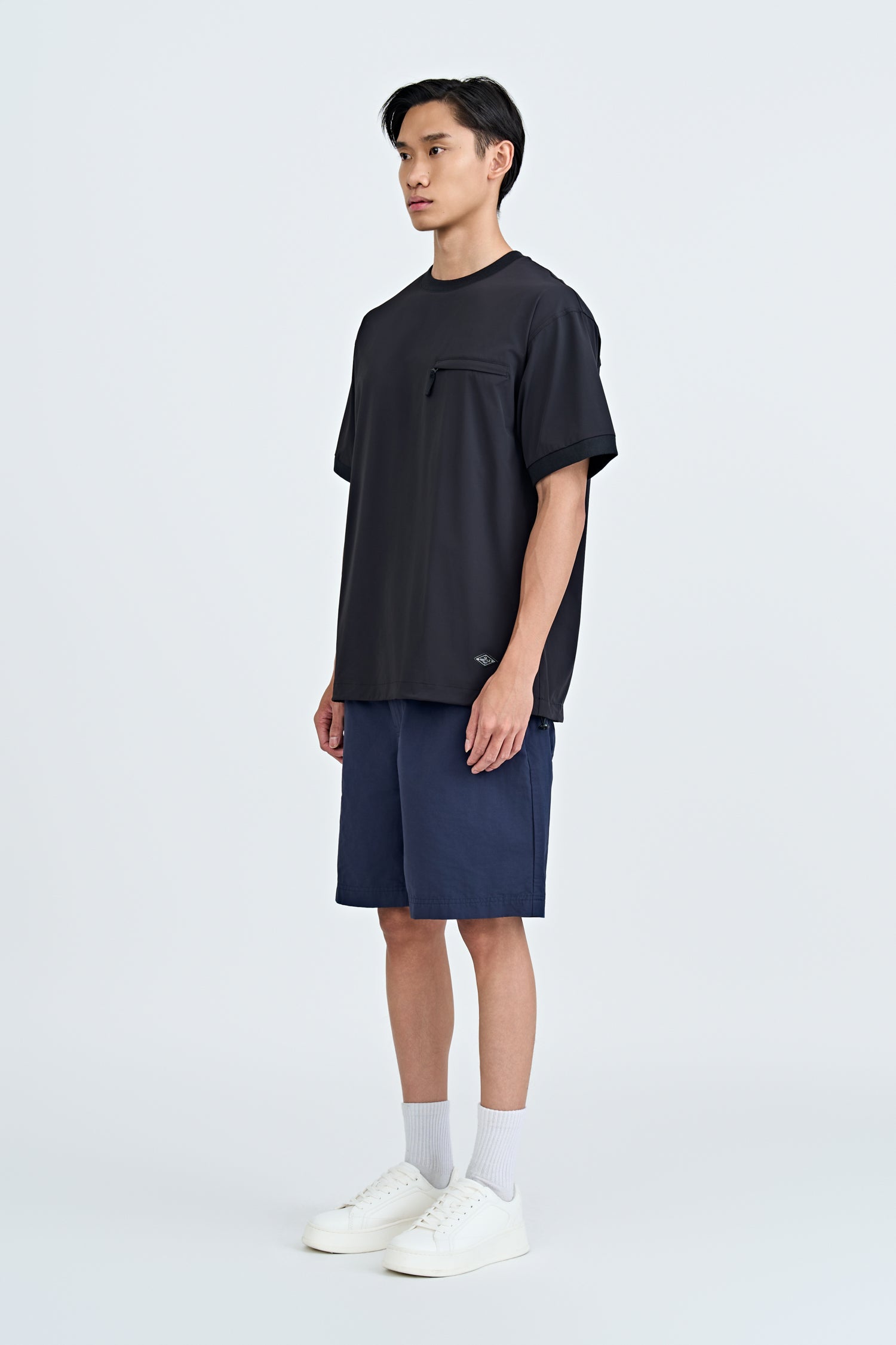 Nylon Drawstring Hem Welt Pocket Tee - Black