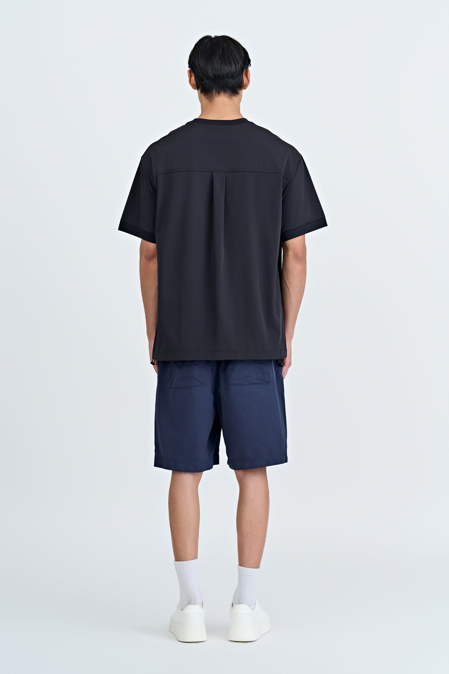 Nylon Drawstring Hem Welt Pocket Tee - Black