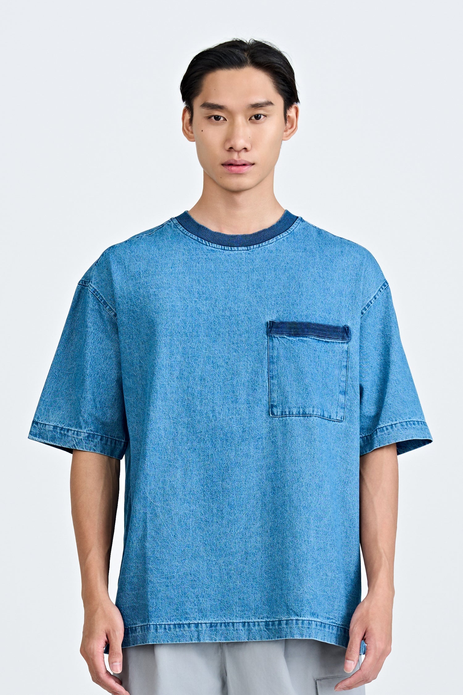 Ribbed Pocket Denim Tee - Mid Tone Denim