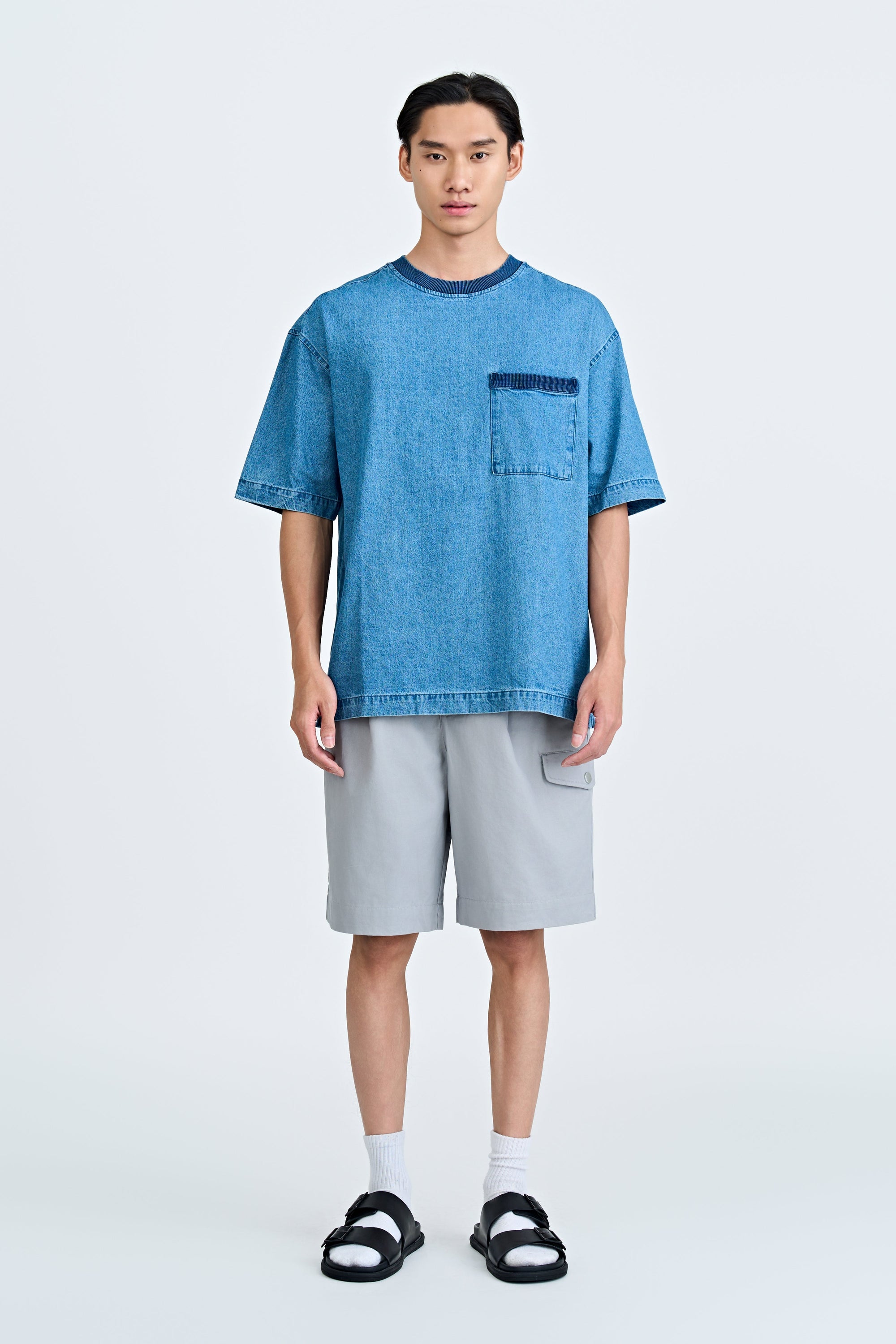 Ribbed Pocket Denim Tee - Mid Tone Denim
