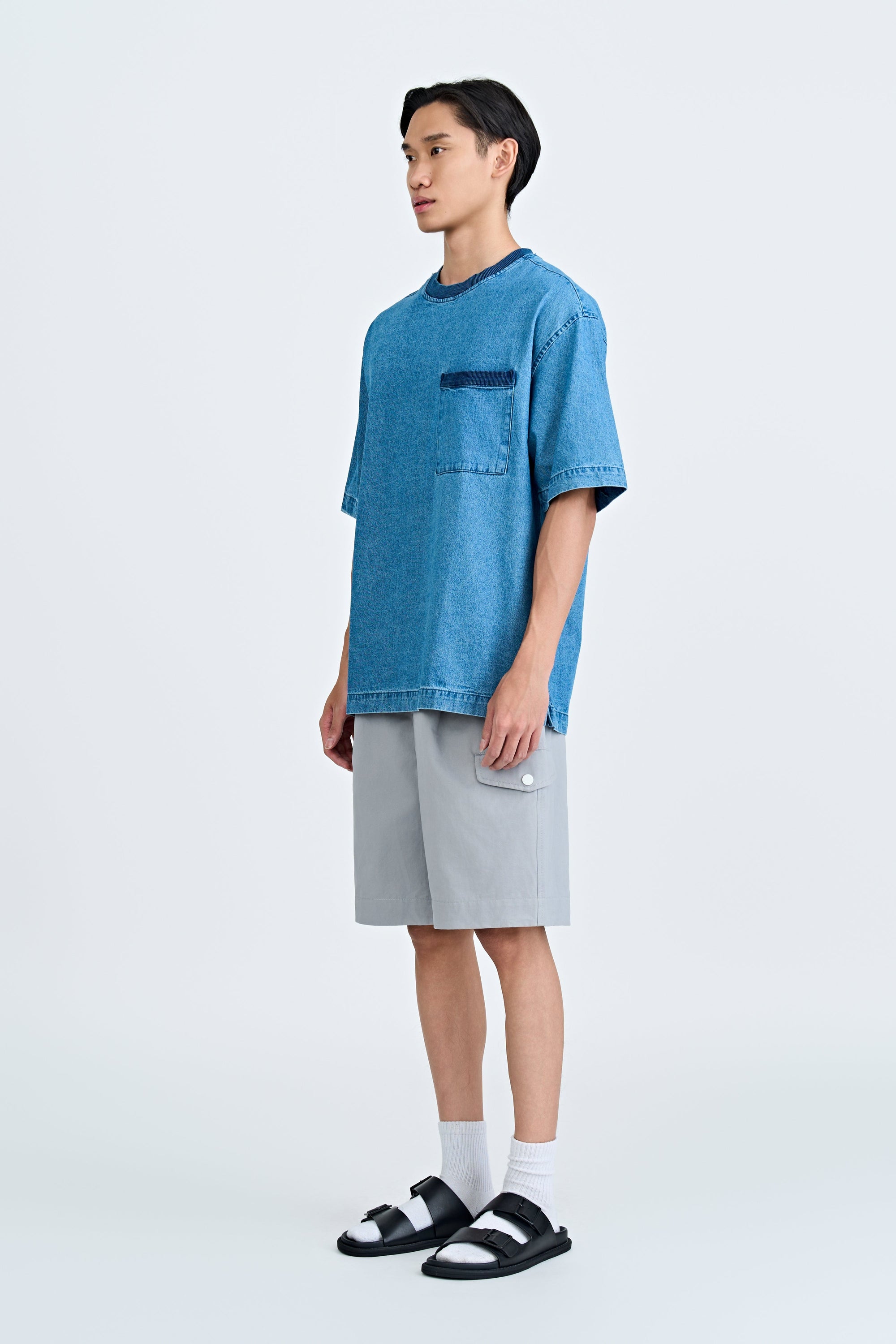 Ribbed Pocket Denim Tee - Mid Tone Denim