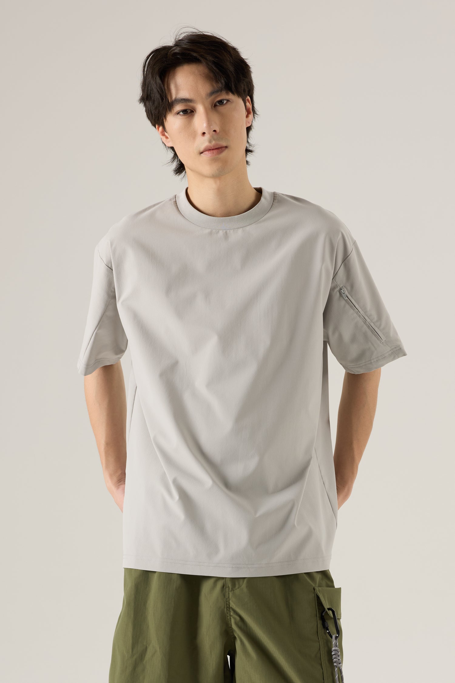Oversized Tee with Sleeve Zip Pocket - Dark Grey