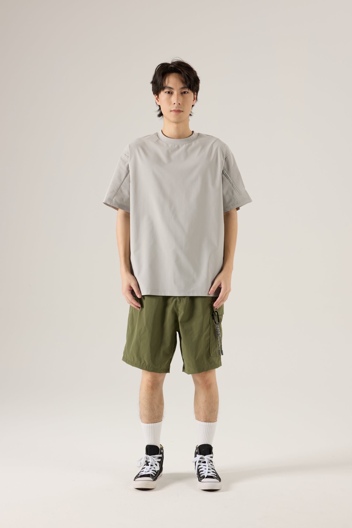 Oversized Tee with Sleeve Zip Pocket - Dark Grey