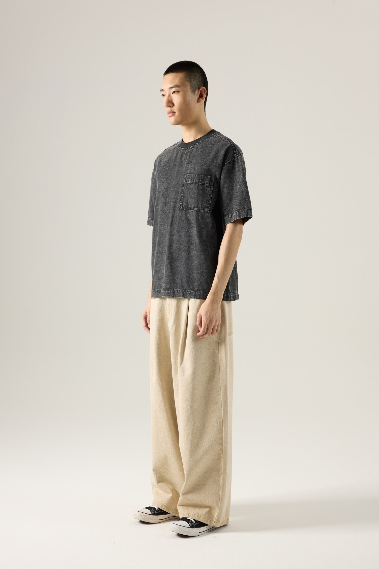 Denim Oversized Patch Pocket Tee - Black