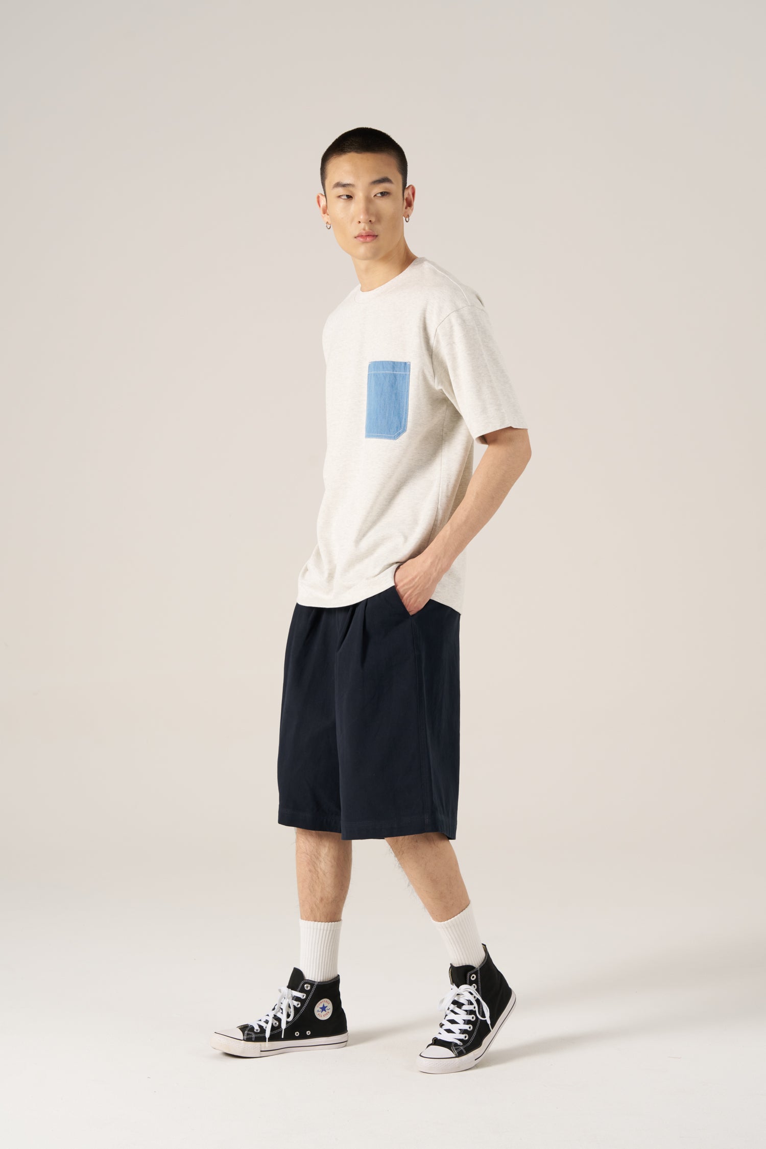 (B) Twill Jersey Denim Pocket Tee - Light Grey