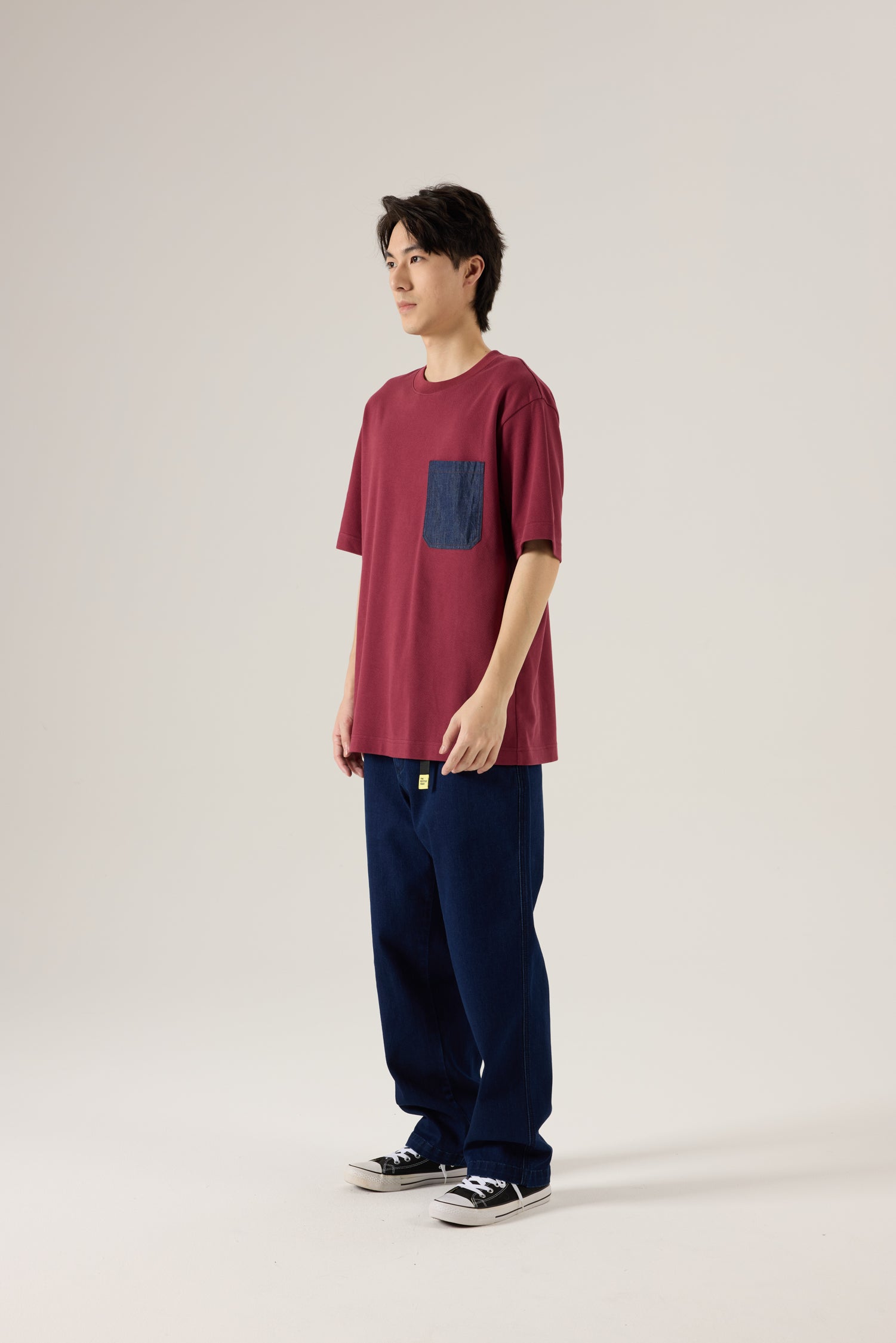 (B) Twill Jersey Denim Pocket Tee - Burgundy