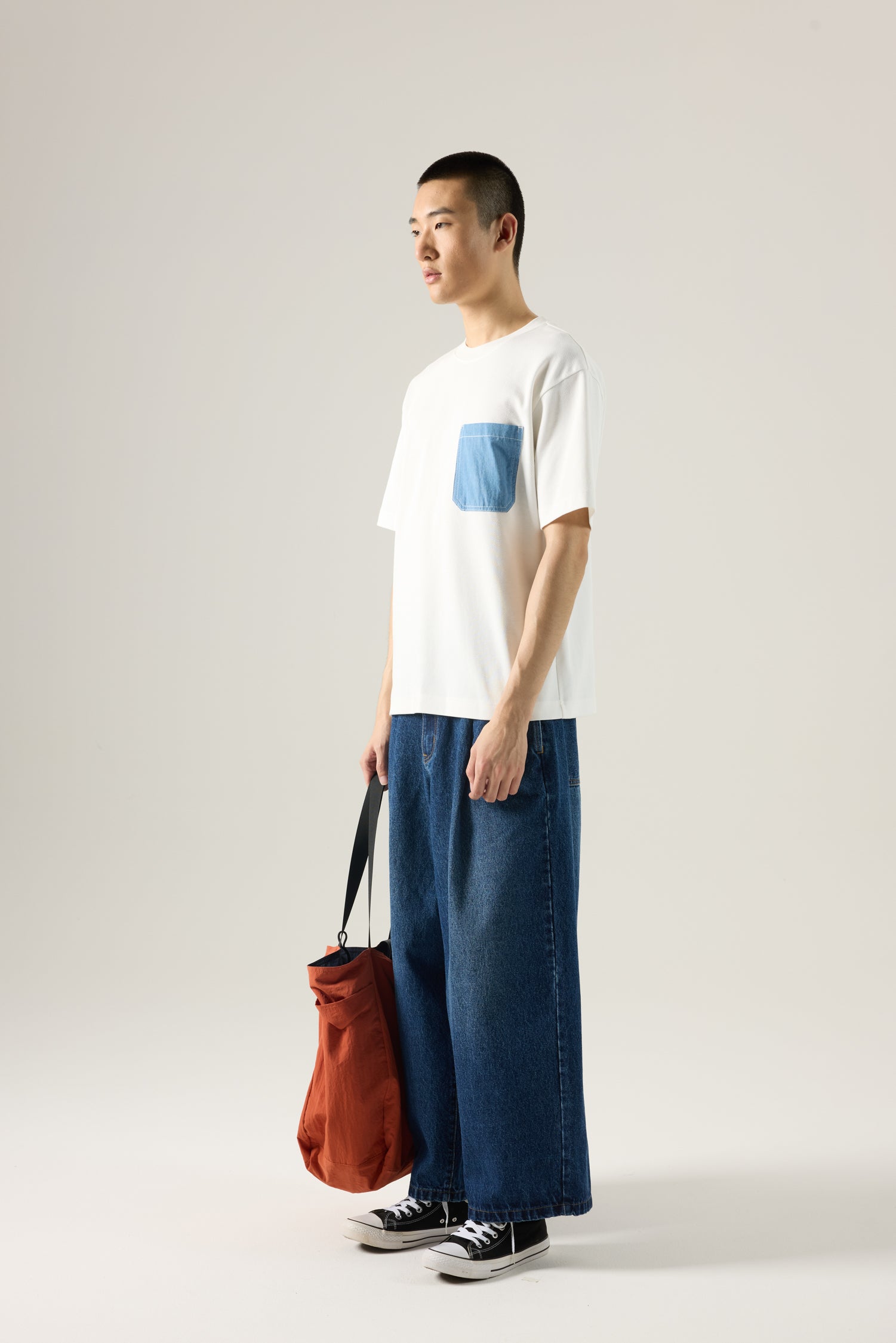 (B) Twill Jersey Denim Pocket Tee - Cream