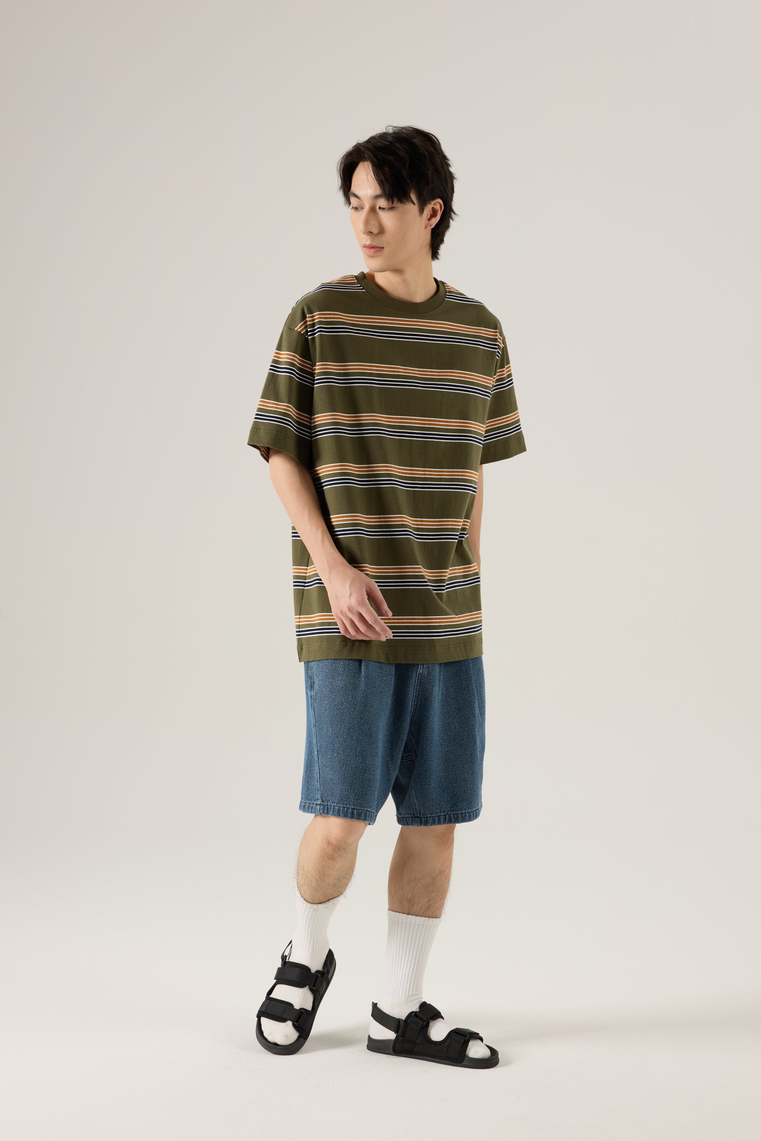 (C) Oversized Stripes Tee - Army Green Stripes