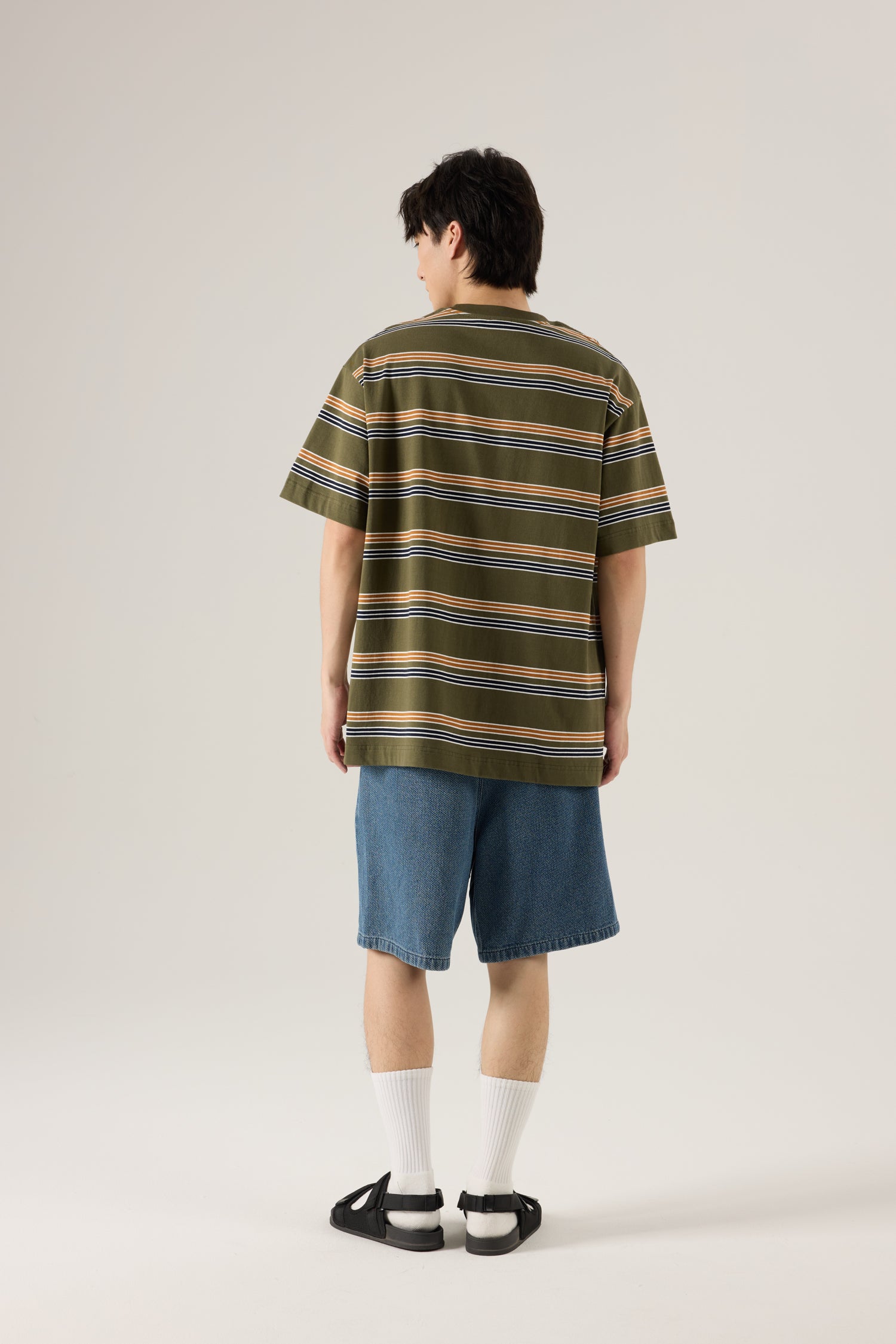 (C) Oversized Stripes Tee - Army Green Stripes
