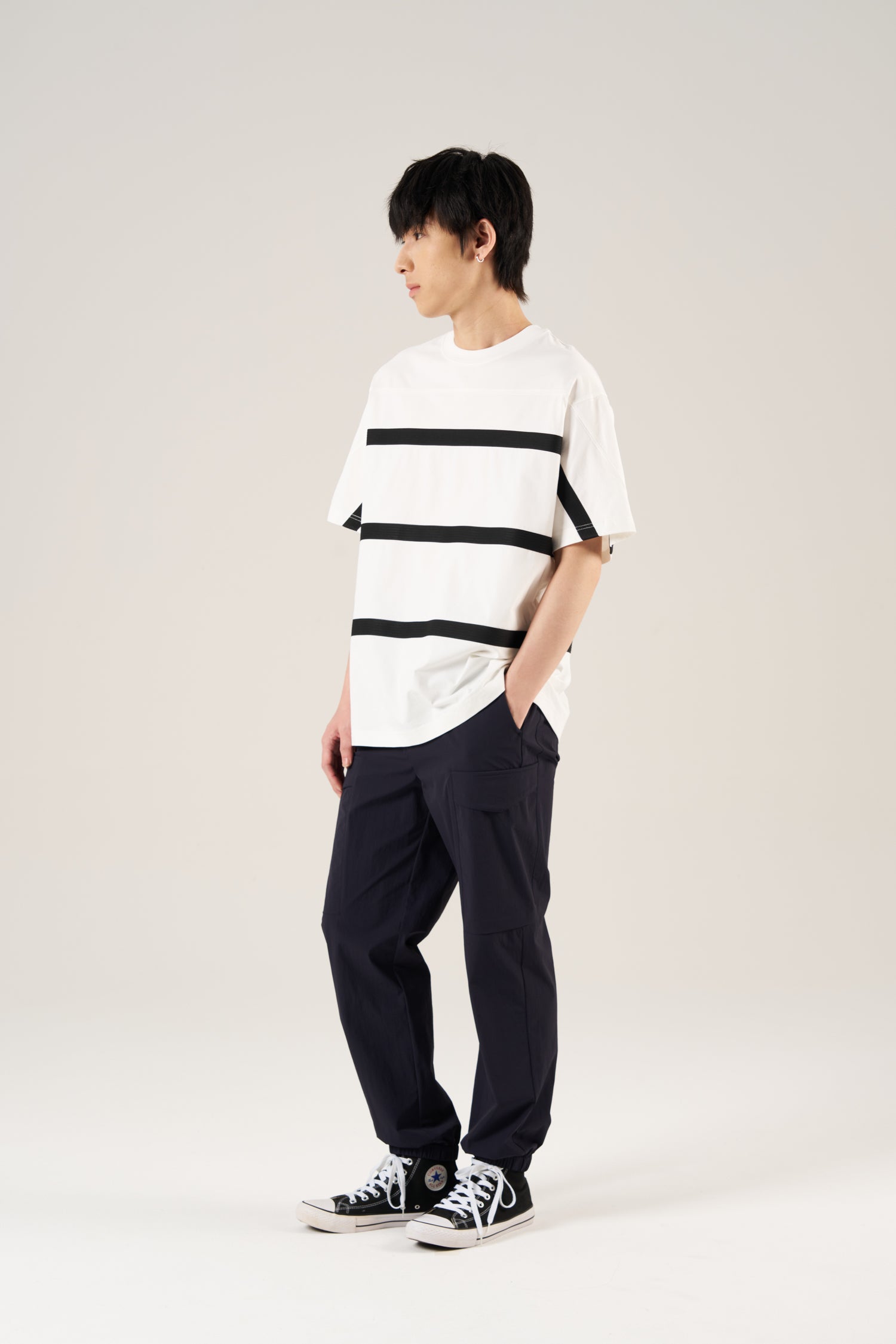 (C) Webbing Stripe Oversized Tee - Cream