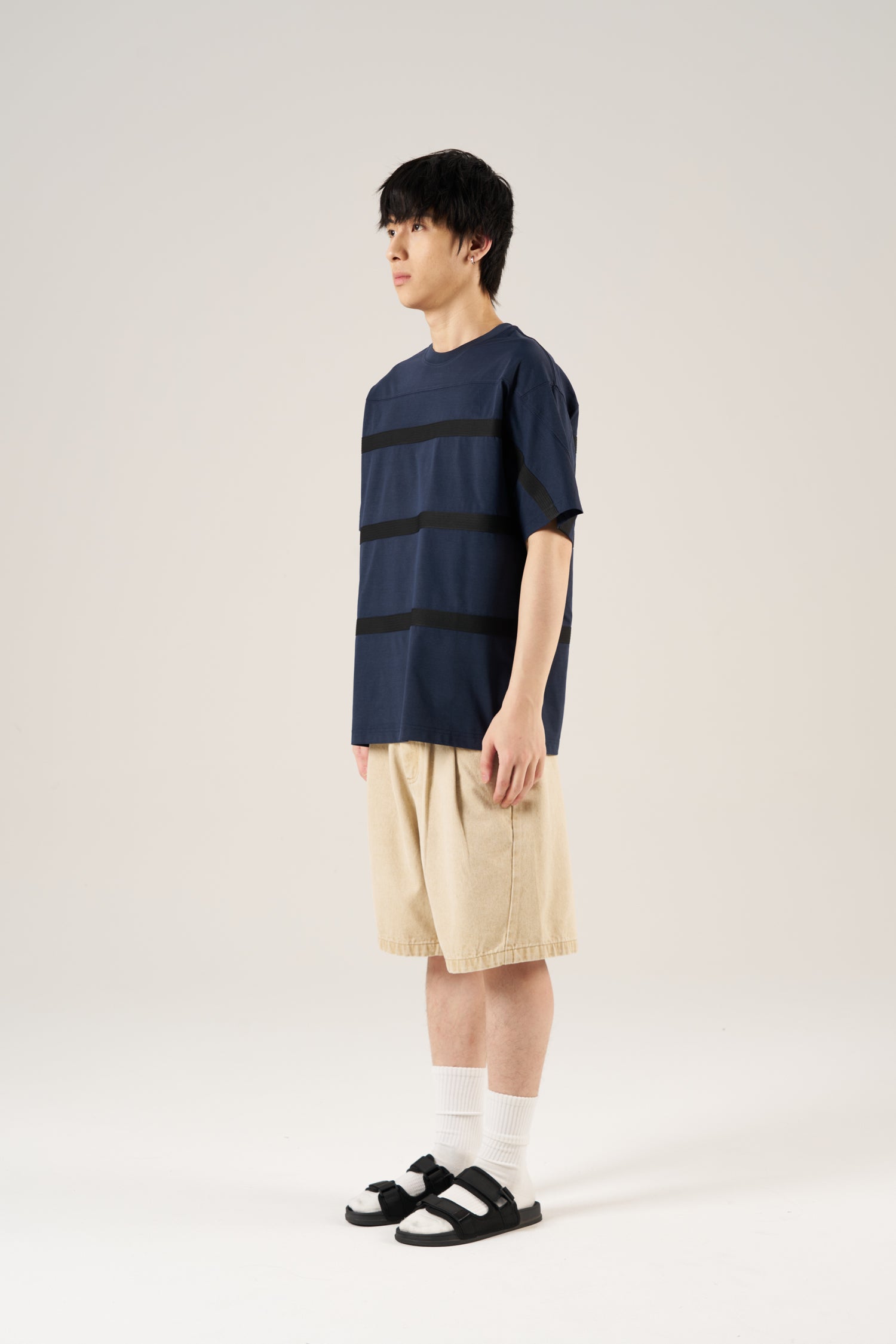 (C) Webbing Stripe Oversized Tee - Navy