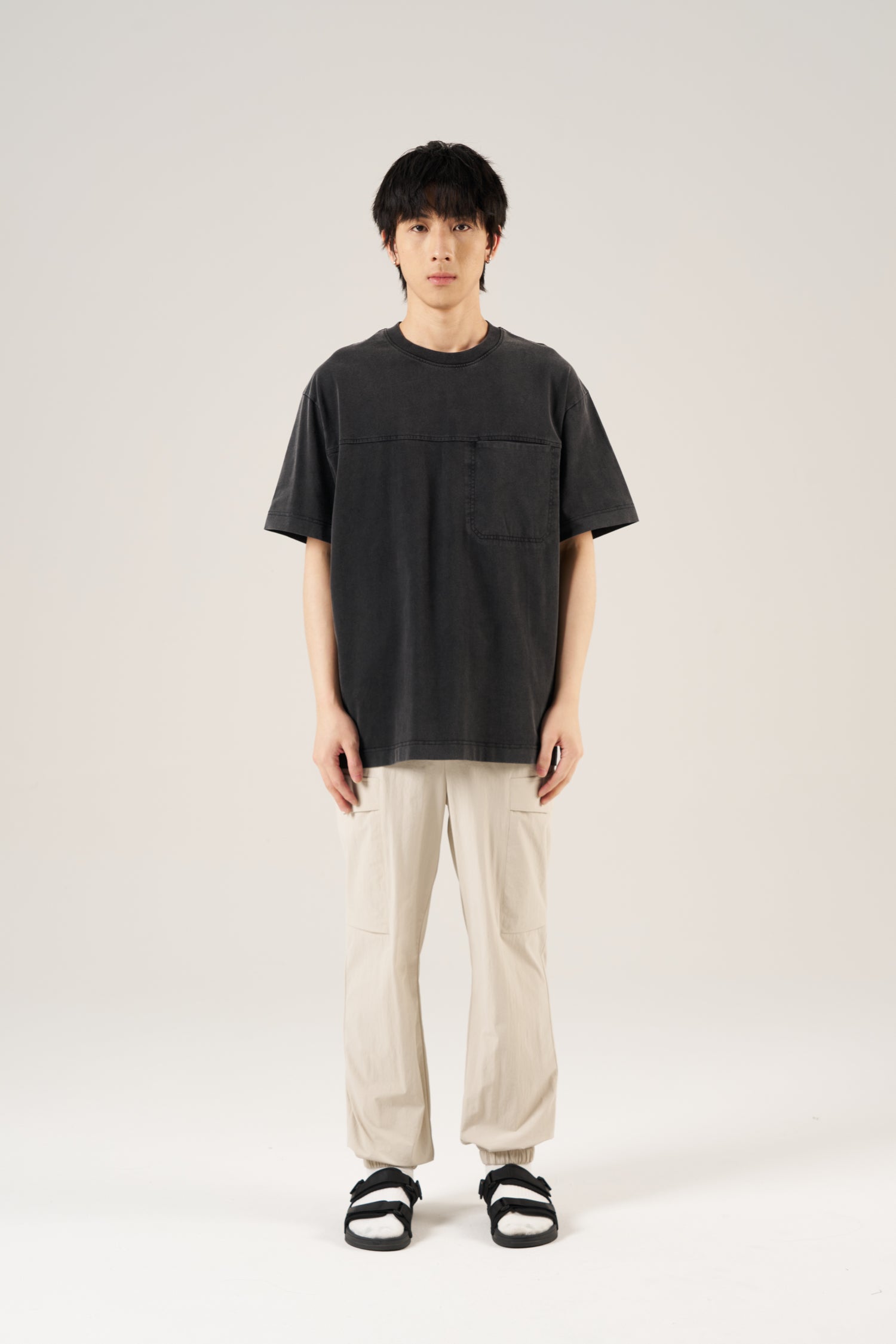 (C) Washed Pocket Oversized Tee - Black