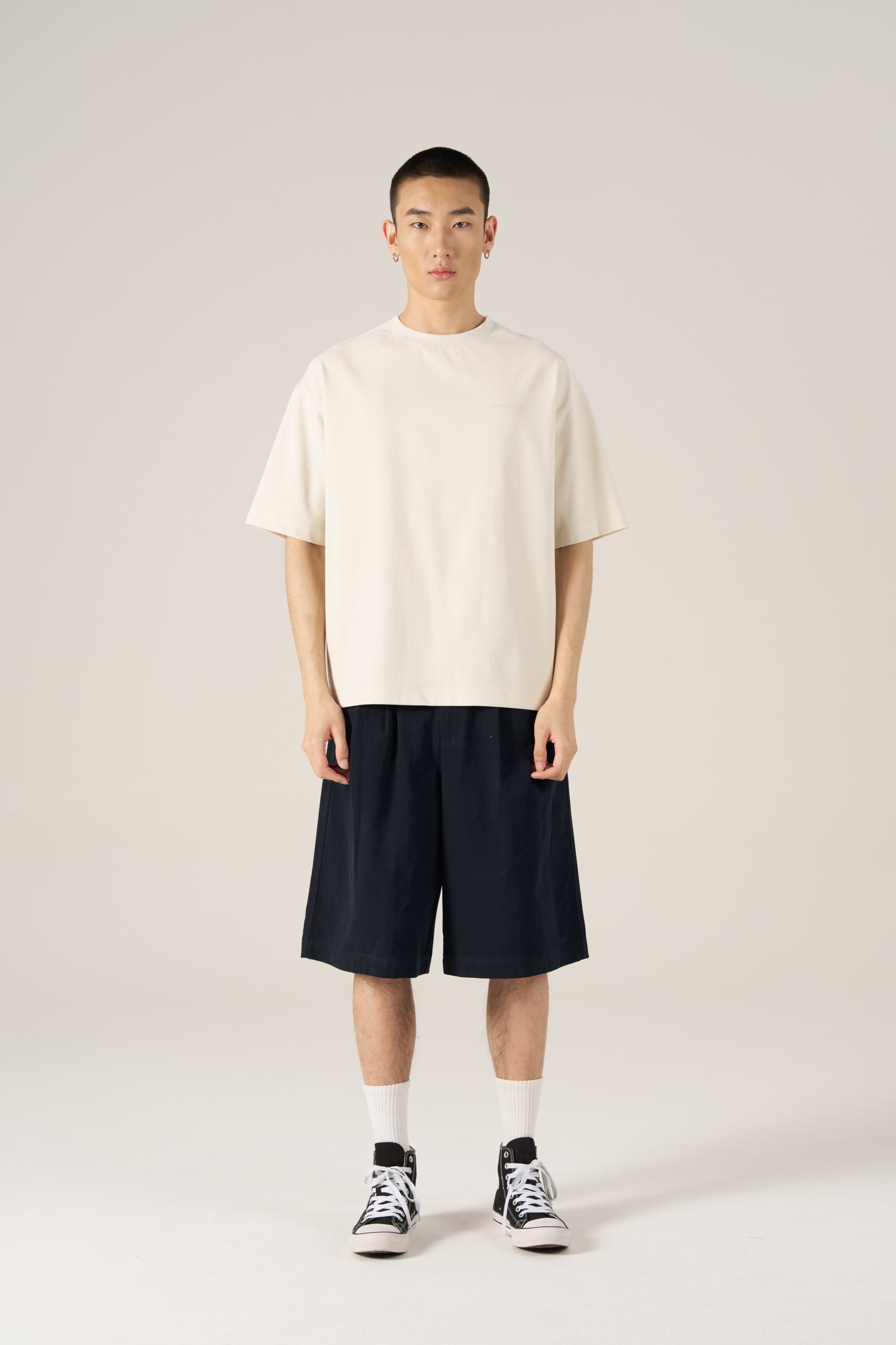 (C) Ribbed Collar Oversized Tee - Ecru