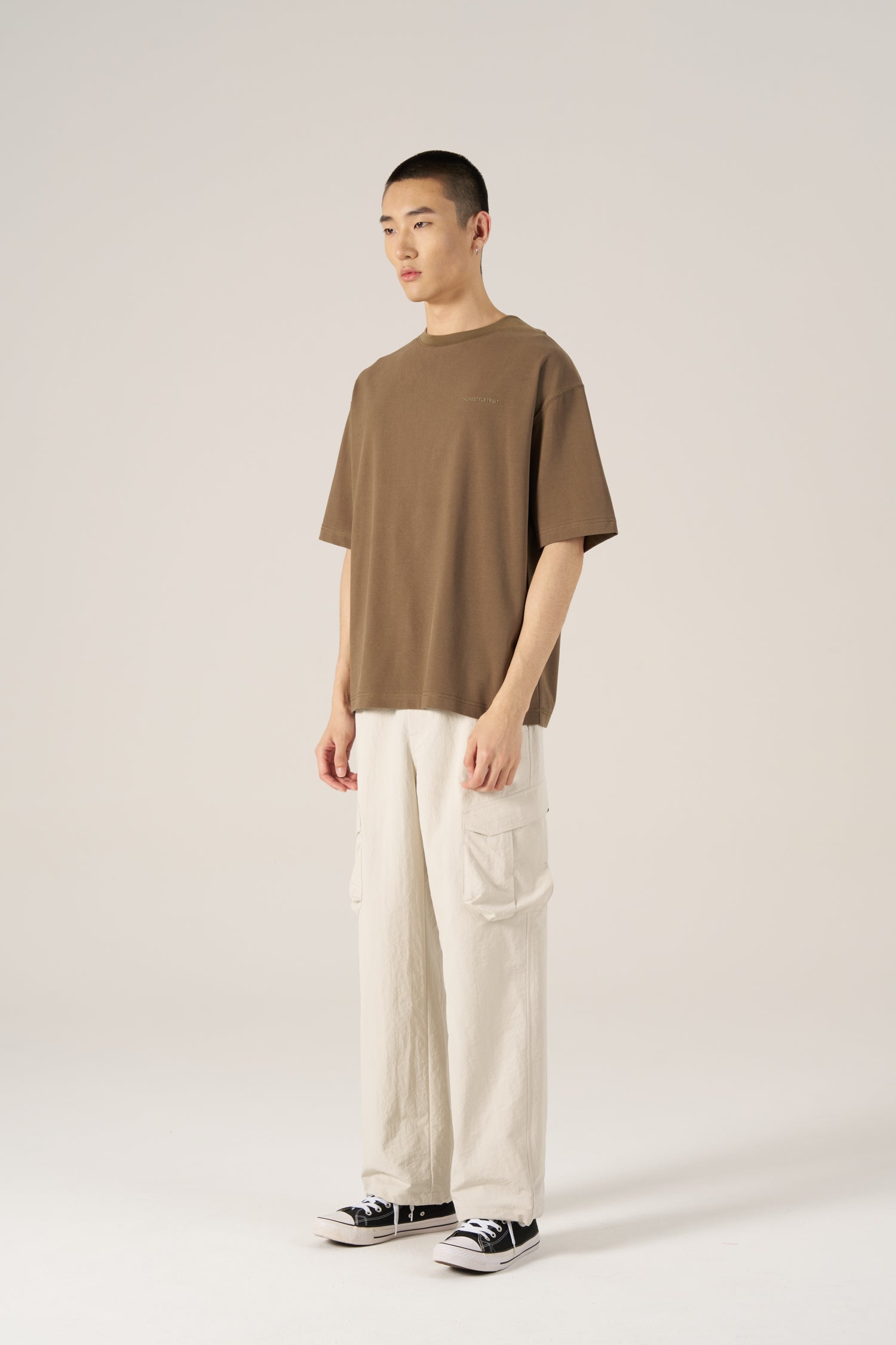 (C) Ribbed Collar Oversized Tee - Khaki Green
