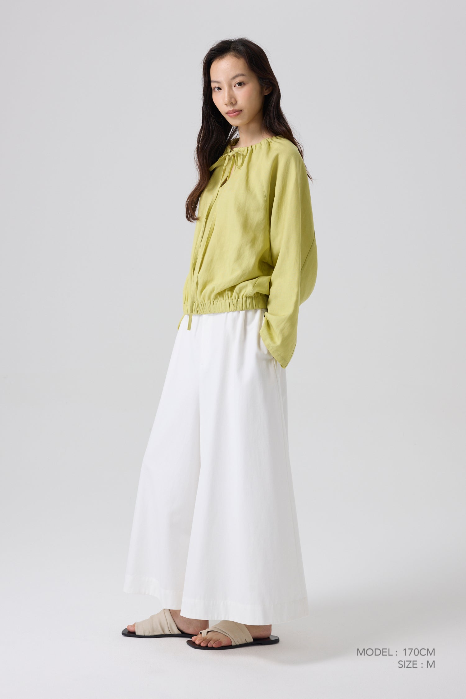 Drawstring Collar Blouse - Lime