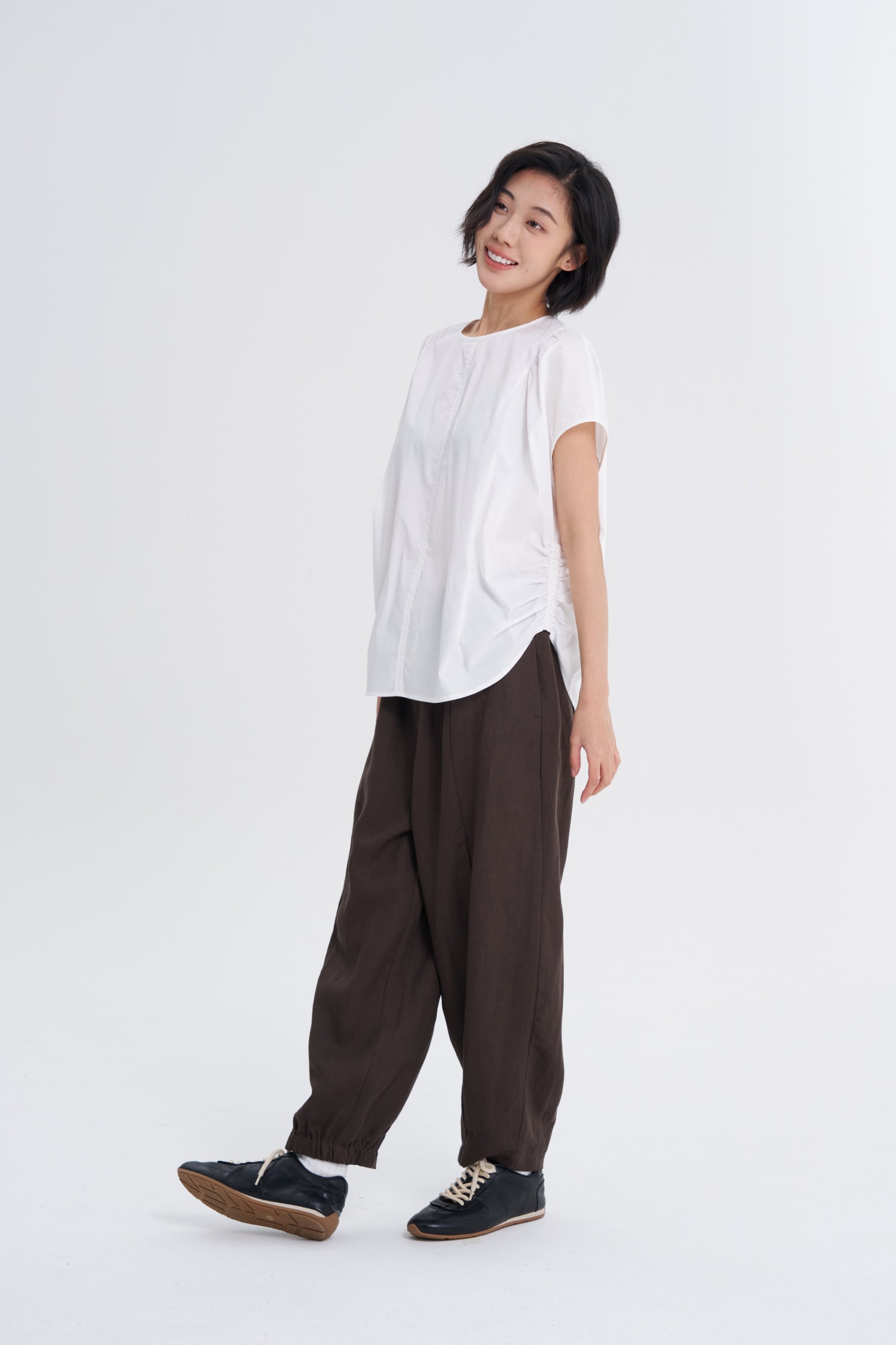 Wide Cut Gathered Blouse - Cream