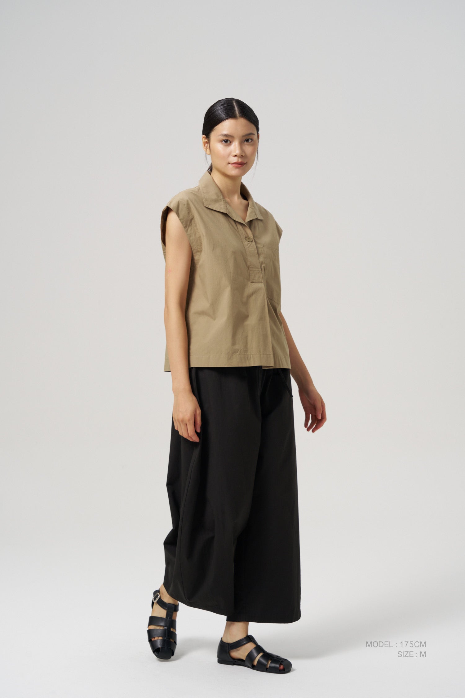 Foldover Collar Blouse - Khaki Brown