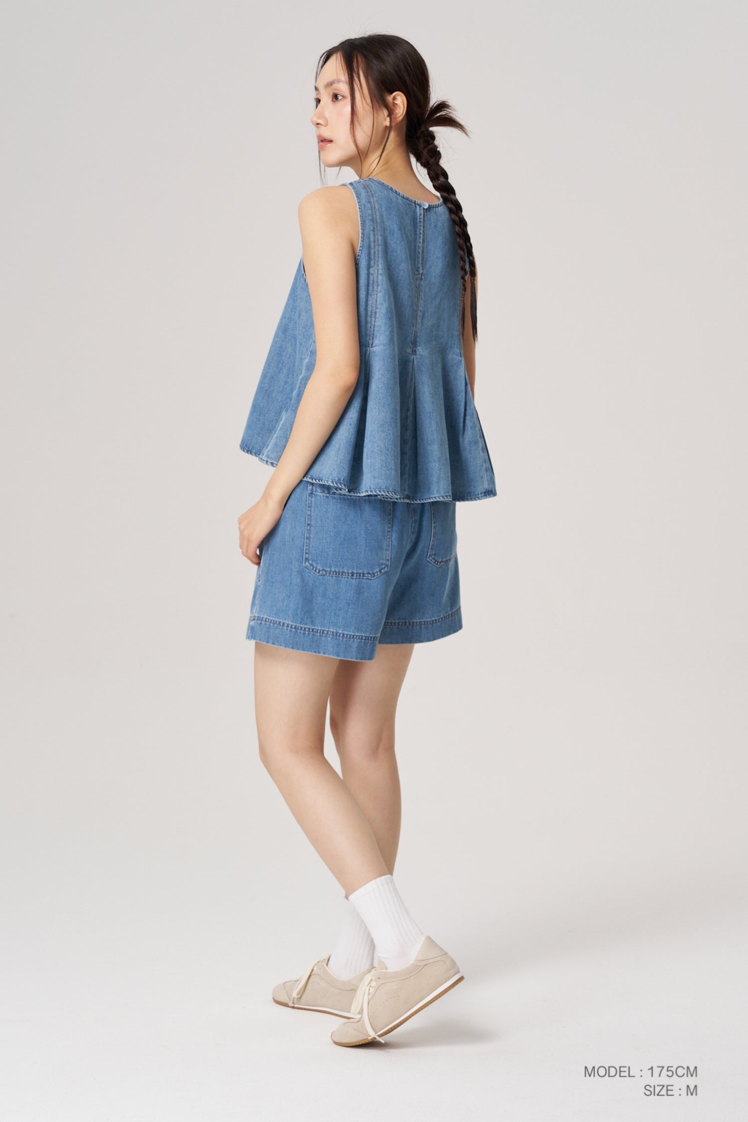 Denim Panelled Sleeveless Blouse - Denim