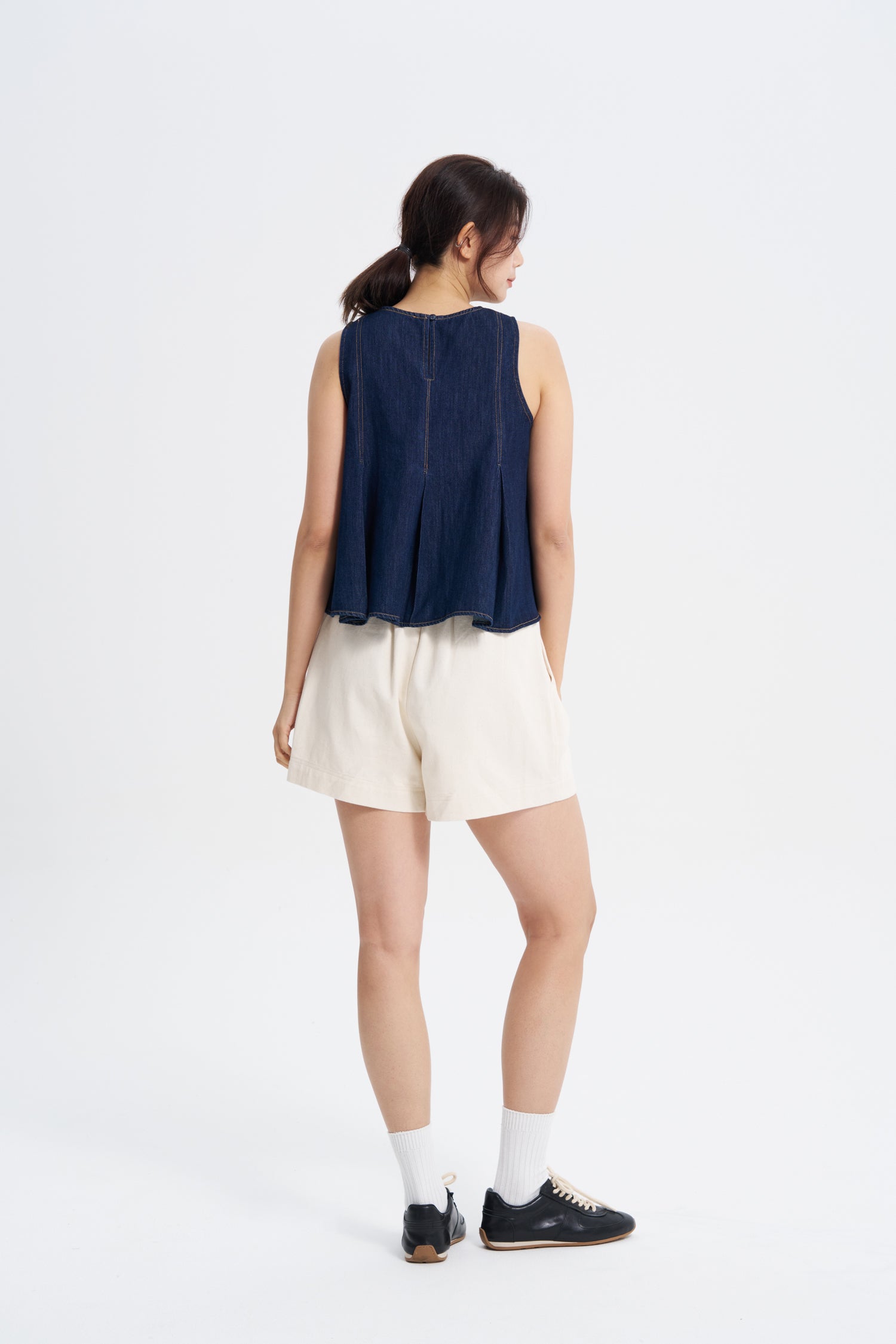 Denim Panelled Sleeveless Blouse - Dark Denim