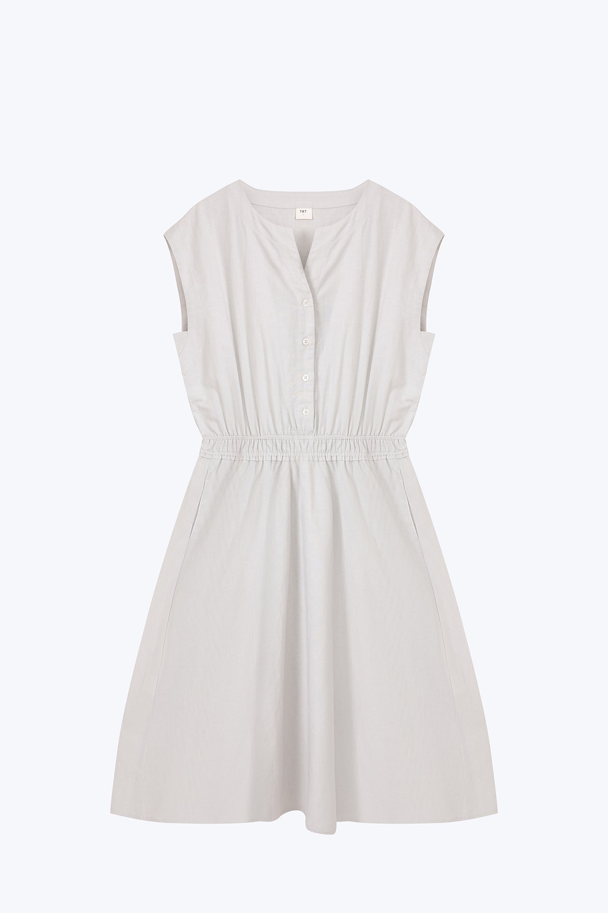 Button Front Cinch Waist Dress - Light Grey