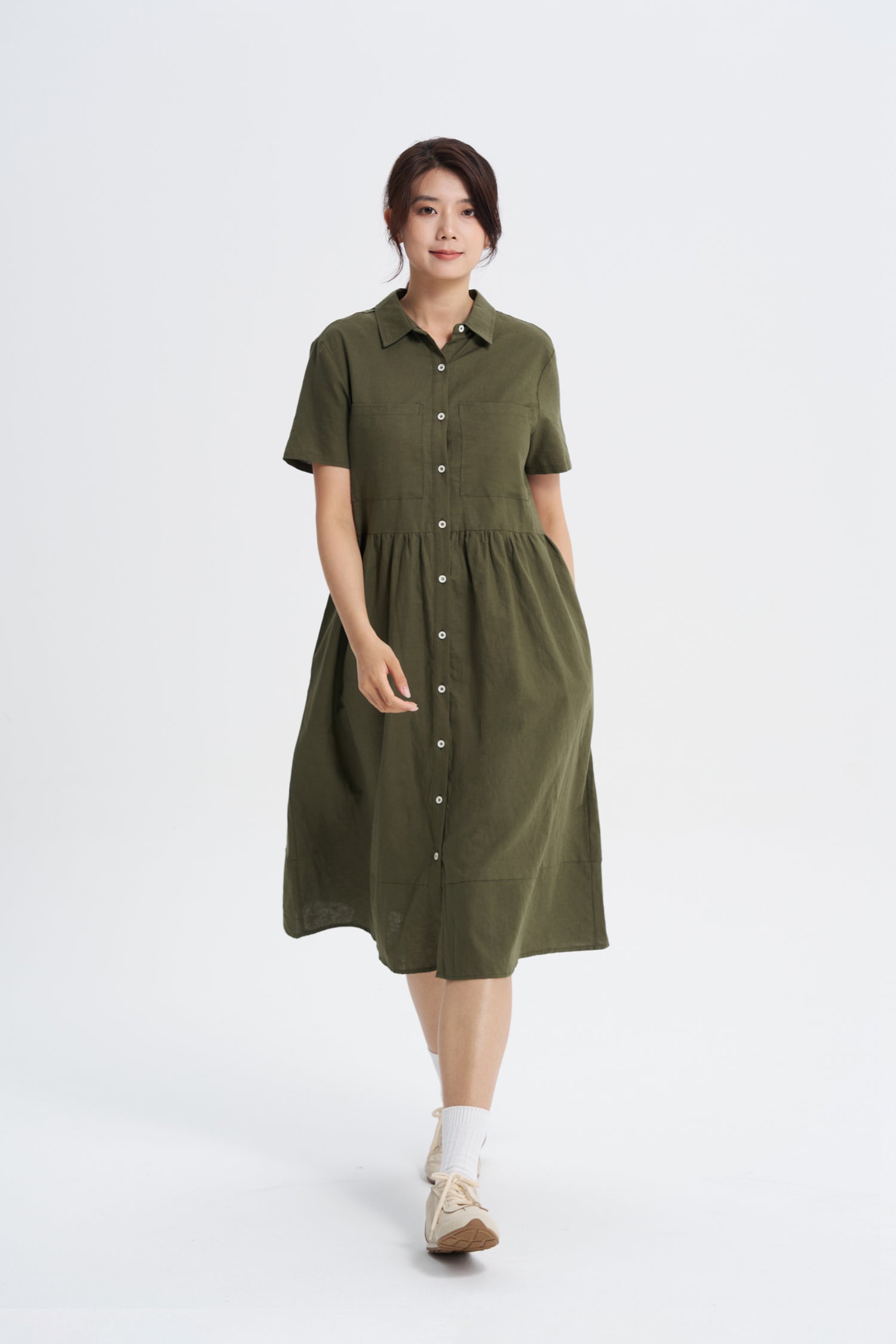 Gathered Short Sleeve Dress - Khaki Green – The Restyle Trait