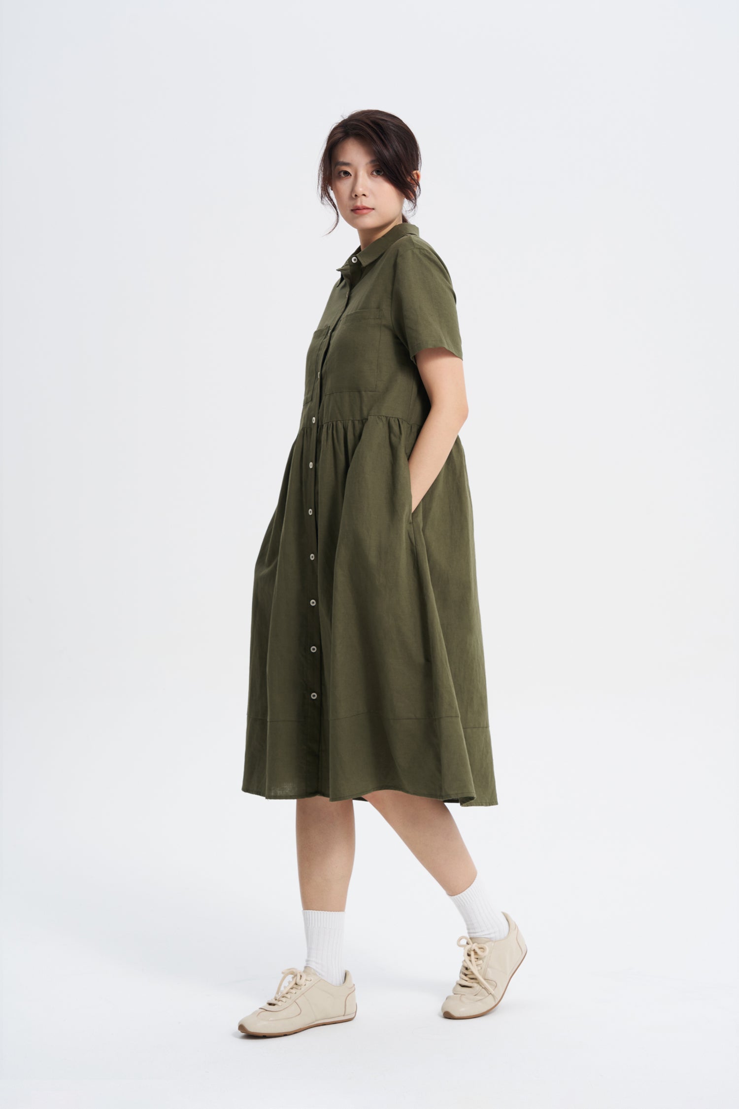 Gathered Short Sleeve Dress - Khaki Green