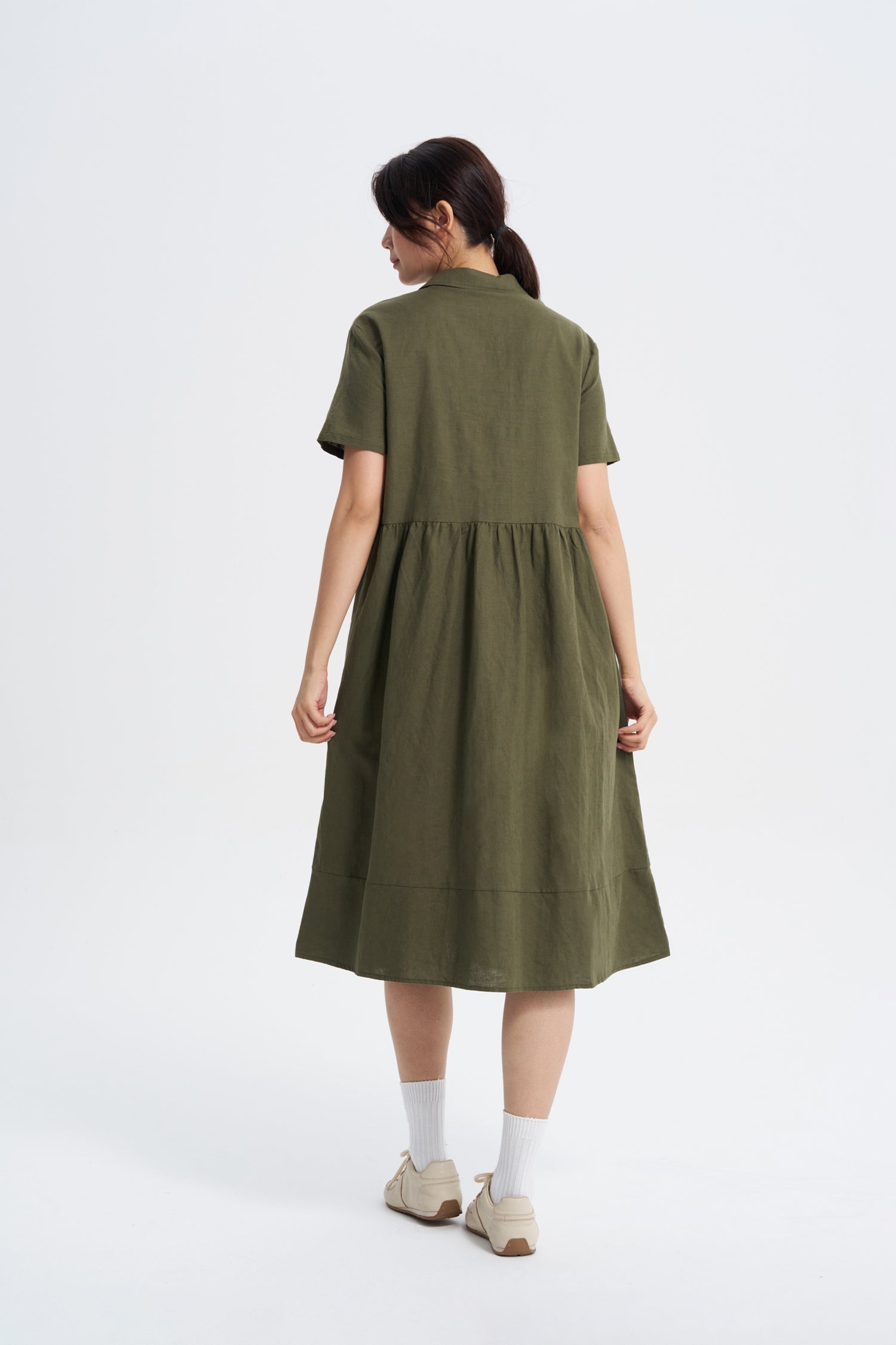 Gathered Short Sleeve Dress - Khaki Green