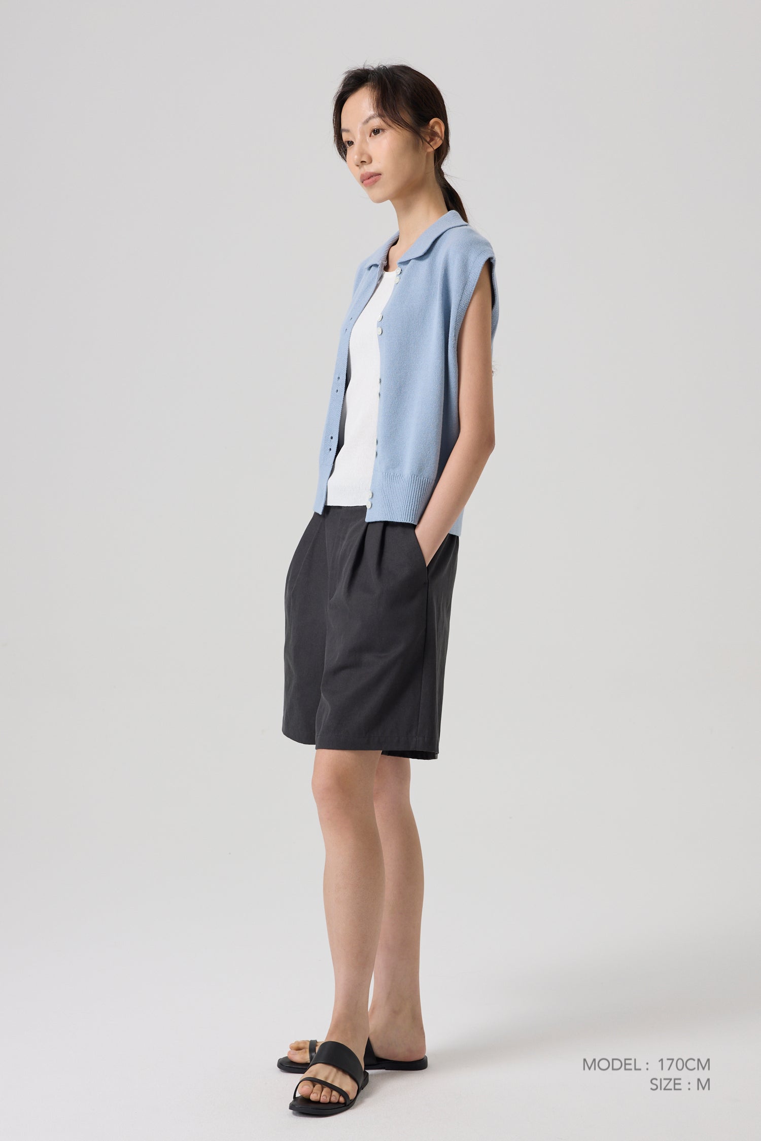 Knitted Button Front Top - Grey Blue