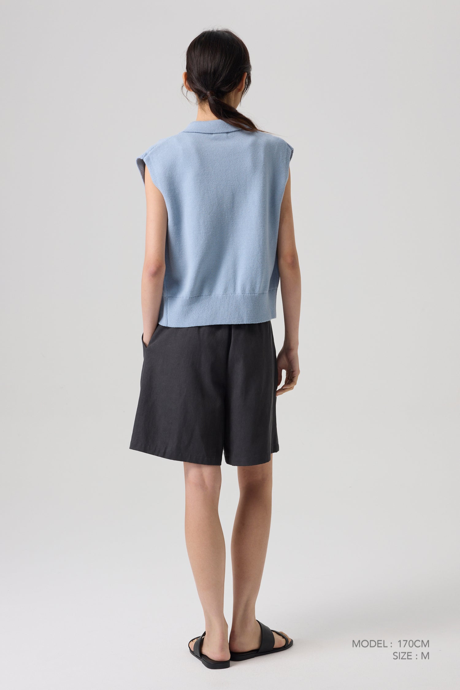Knitted Button Front Top - Grey Blue
