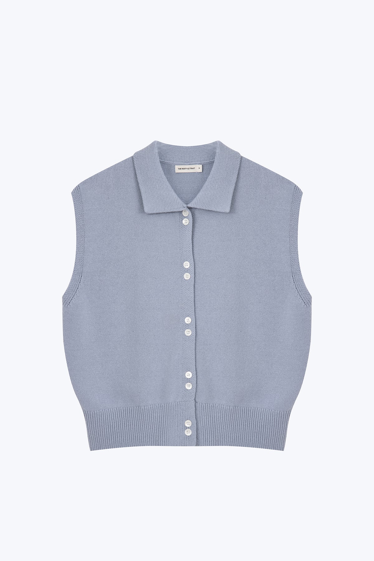 Knitted Button Front Top - Grey Blue