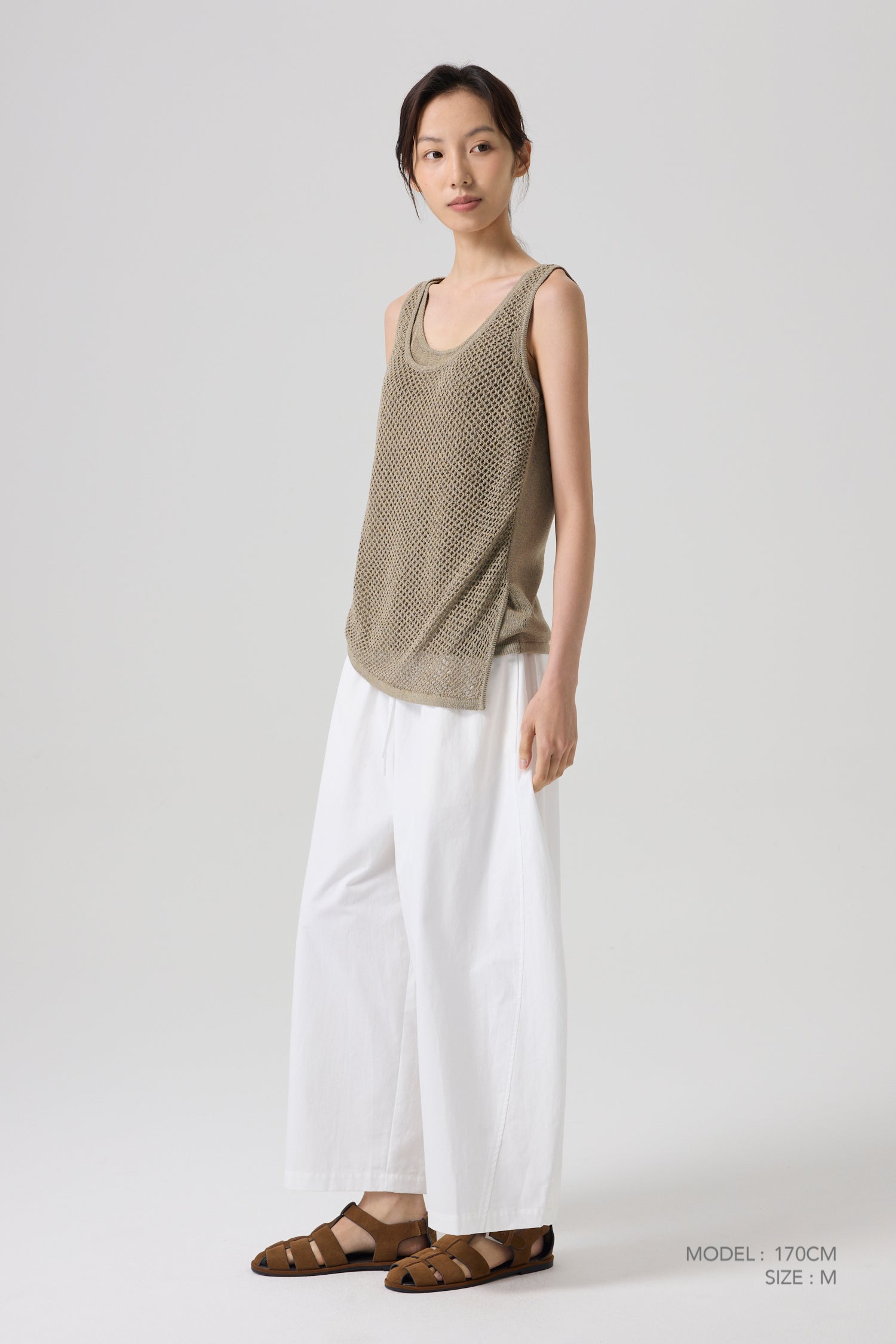 Knitted Mesh Sleeveless Top - Khaki Brown