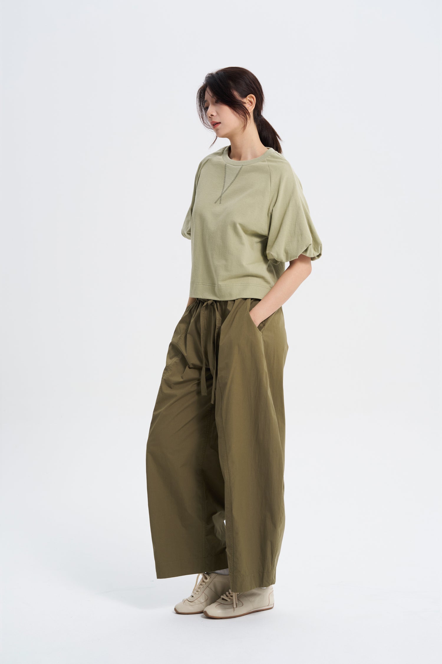 Paperbag Balloon Pants - Khaki Green