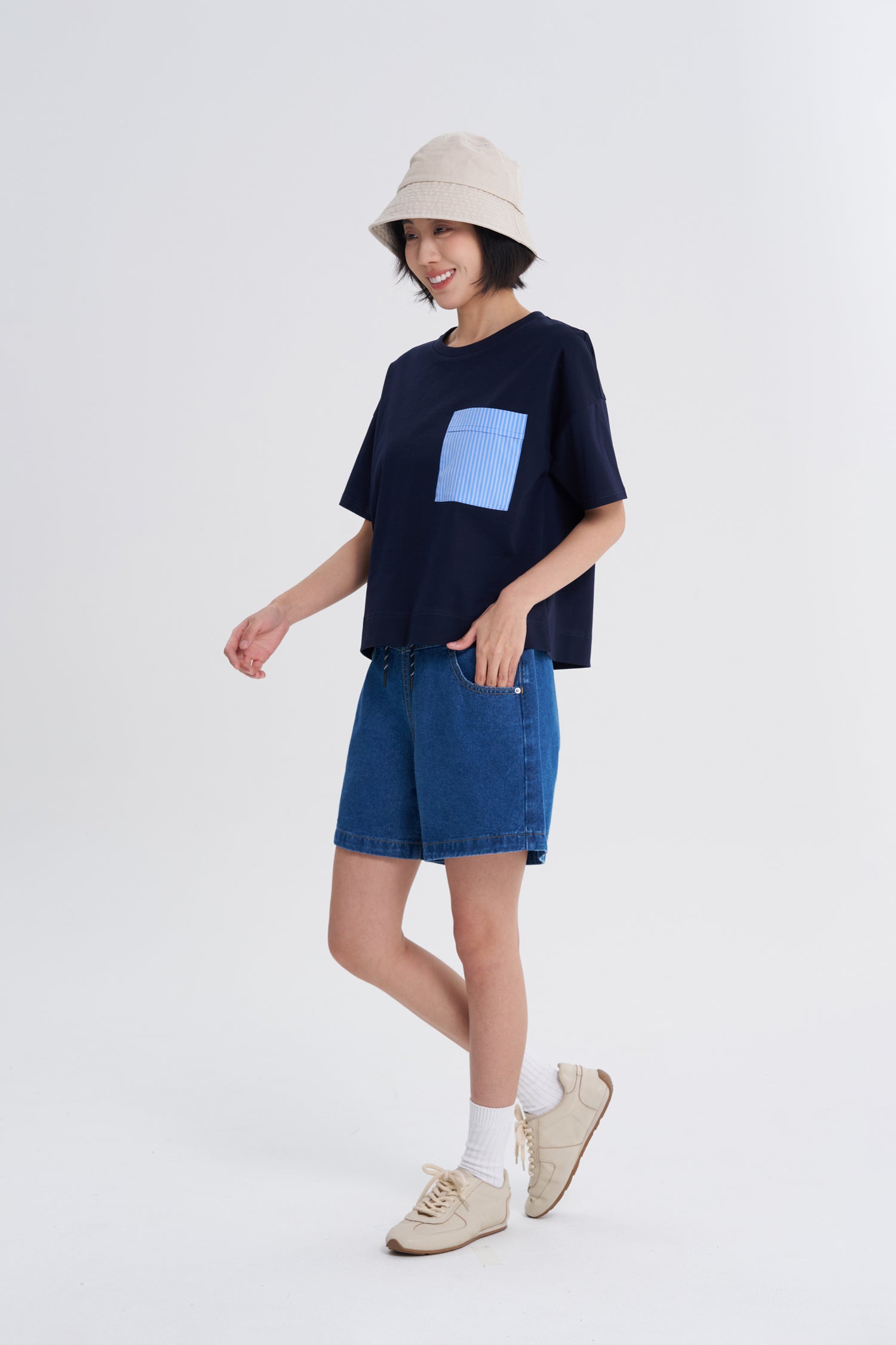 Striped Patch Pocket Tee - Navy