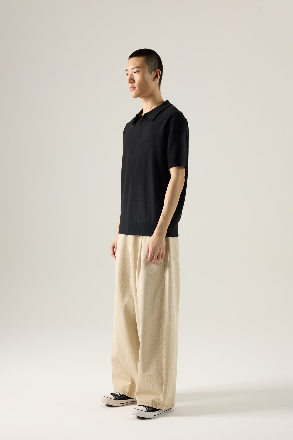 Knitted Open Collar Top - Black