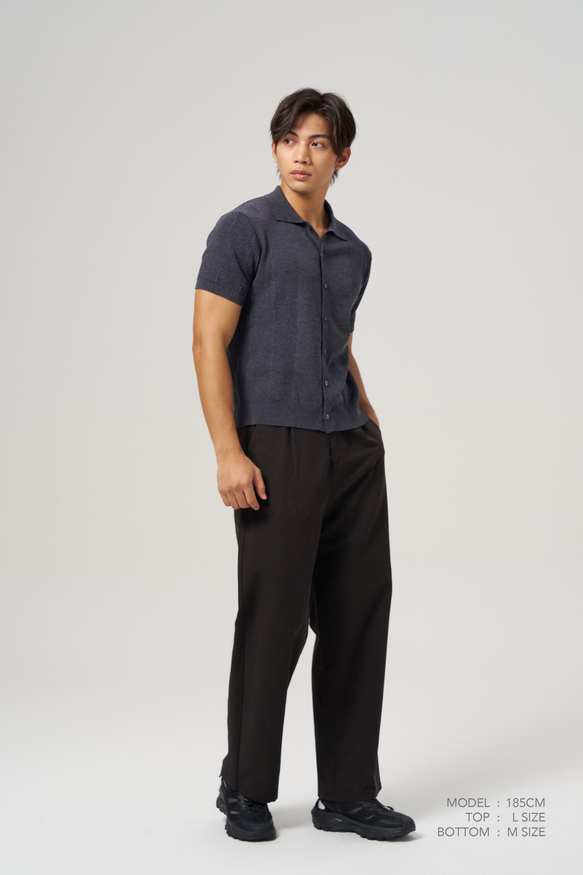 Knitted Button Front Top - Navy