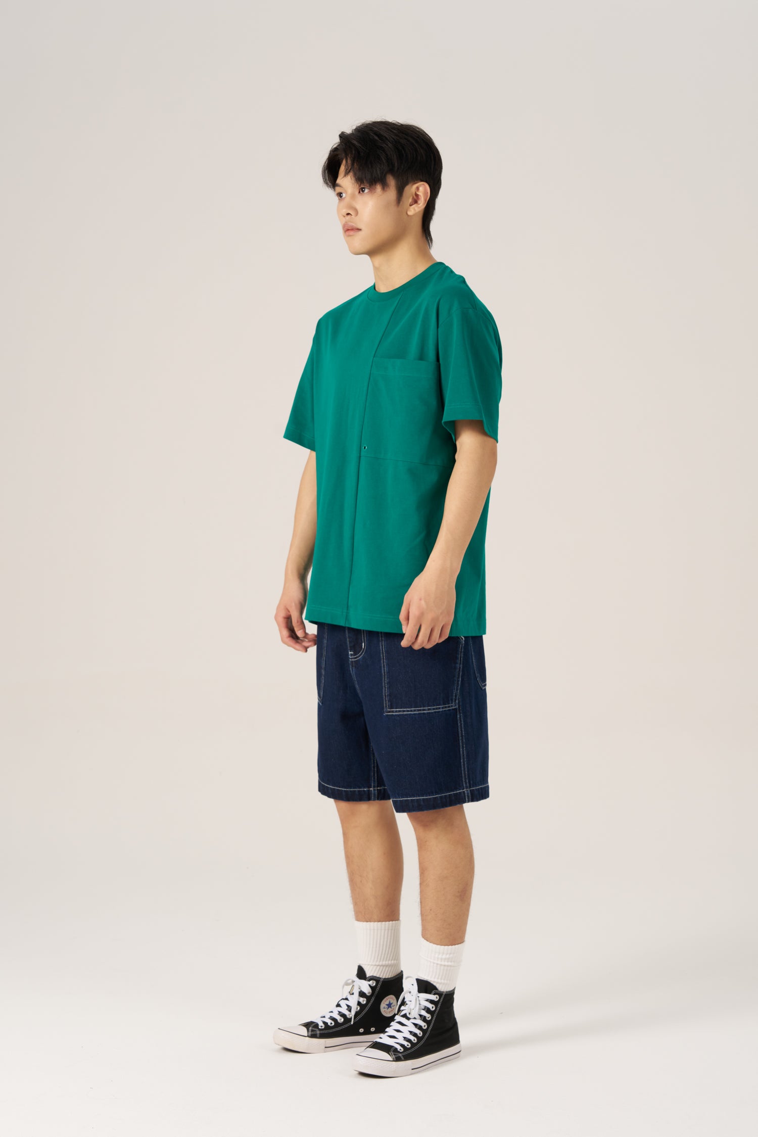 (C) Oversized Panel Pocket Tee - Peacock Green