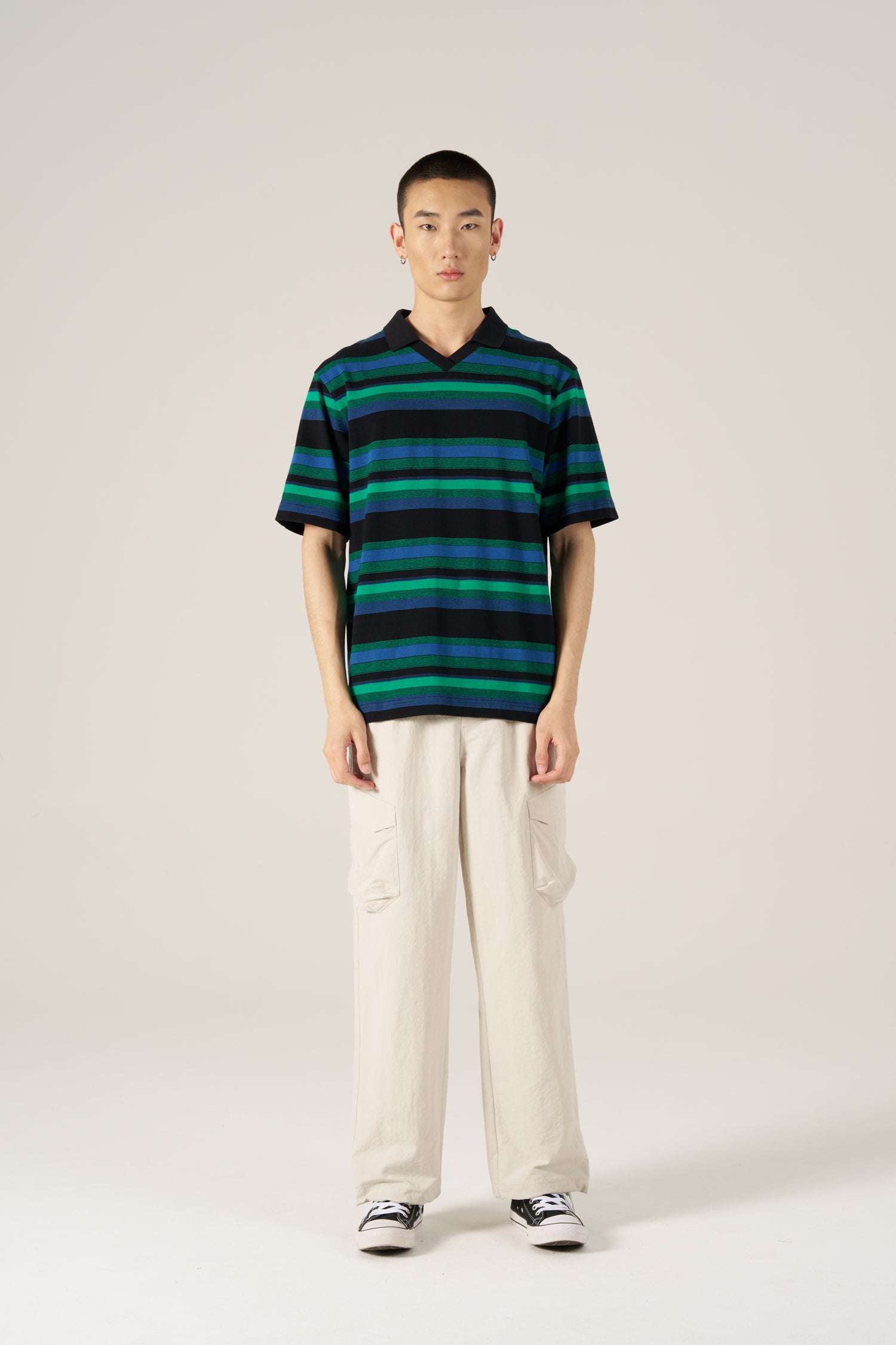 Open Collar Striped Tee - Stripes Blue