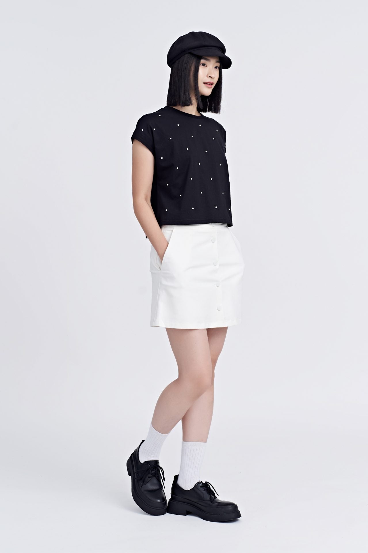 Cotton Elastane Buttoned Skort - Cream [AT]